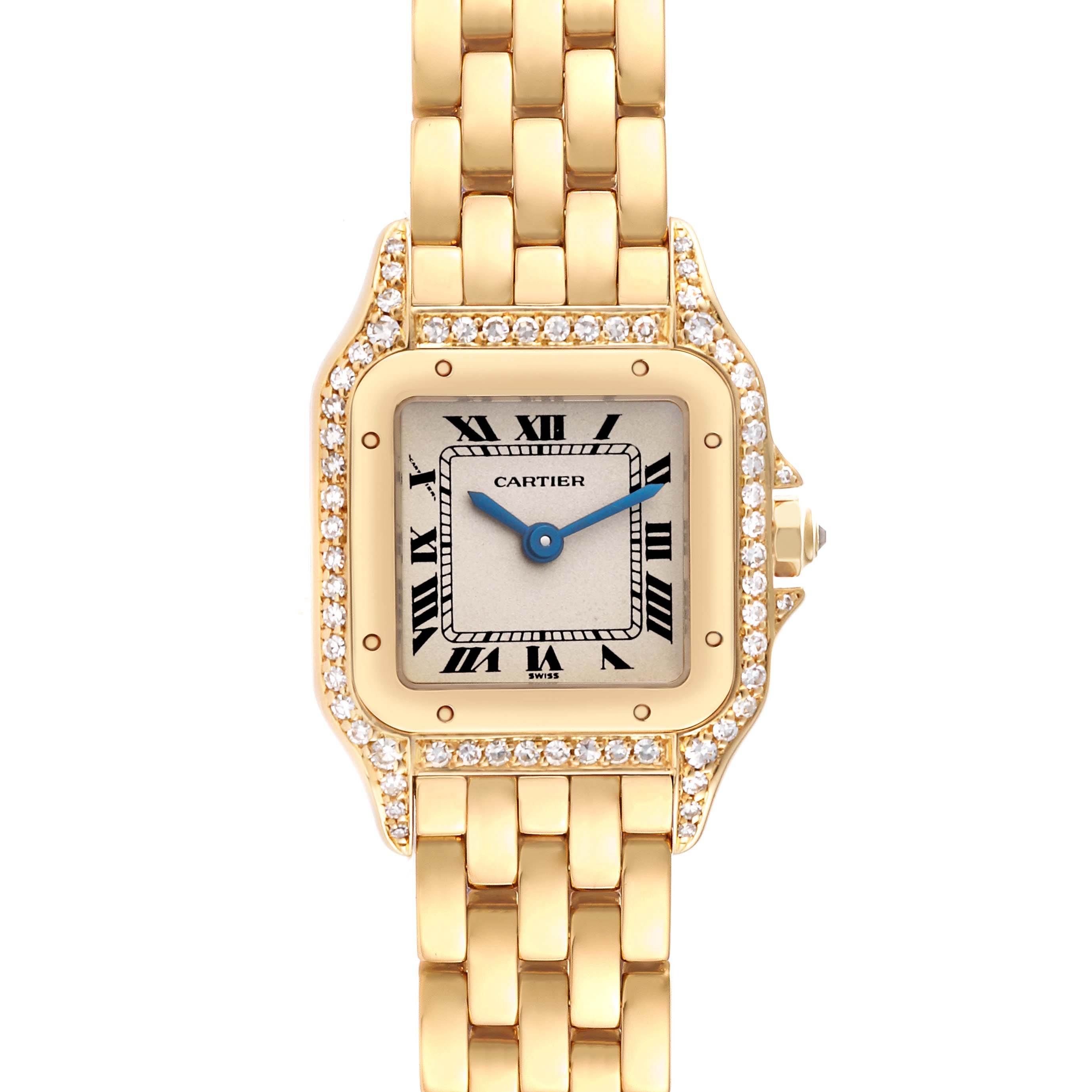 The image shows a Cartier Panthère watch from a front view, highlighting its square face, Roman numerals, and gold link bracelet.