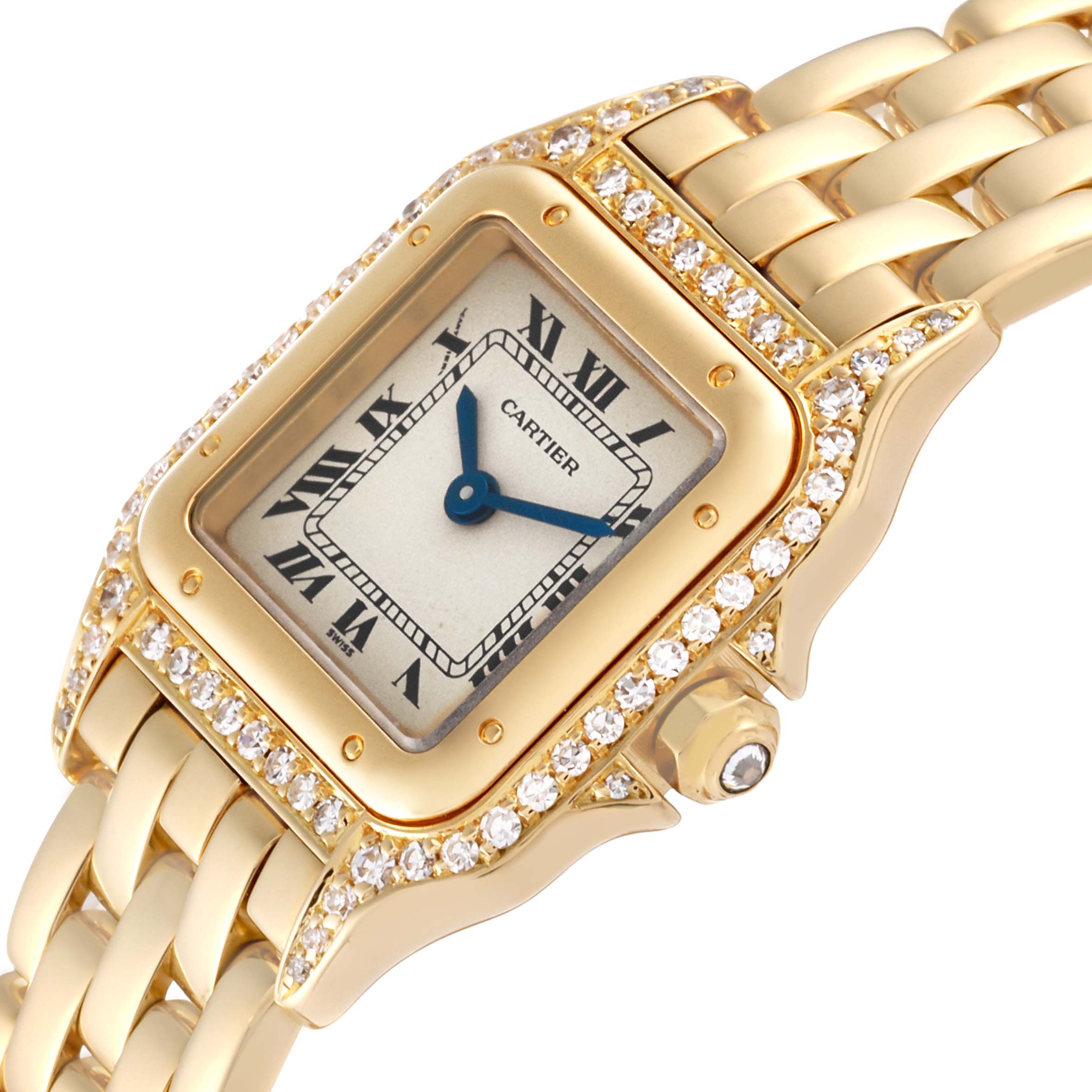 This image shows a close-up angle of the Cartier Panthere WF3071B9 Women's Yellow Gold Silver Dial WF3071B9 Women's Yellow Gold Silver Dial watch face, part of the bracelet, and jeweled bezel.