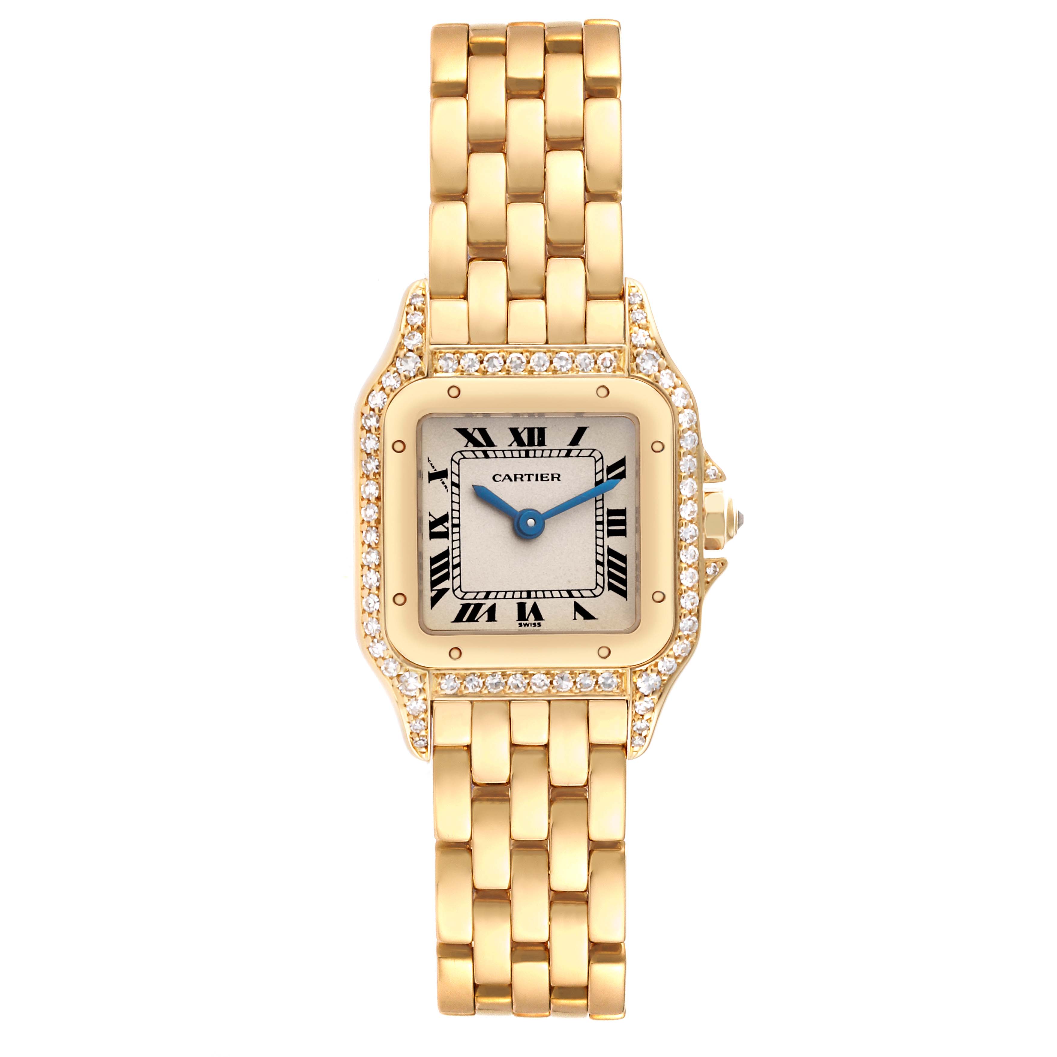 This image shows a frontal view of the Cartier Panthere WF3071B9 Women's Yellow Gold Silver Dial WF3071B9 Women's Yellow Gold Silver Dial watch, highlighting its gold bracelet, square face, and diamond-encrusted bezel.