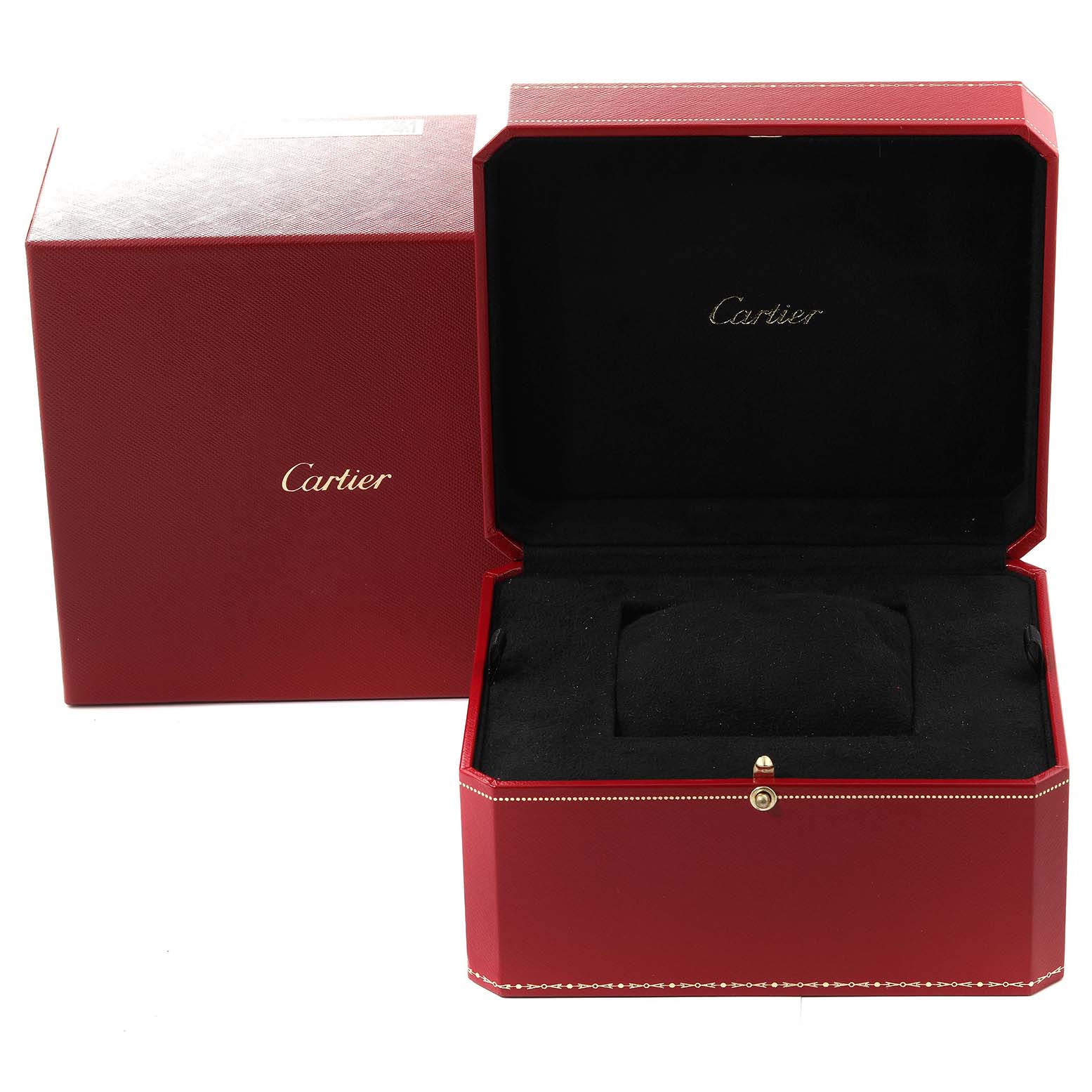 The image shows an open Cartier Panthere WF3071B9 Women's Yellow Gold Silver Dial WF3071B9 Women's Yellow Gold Silver Dial watch box with a nested compartment and a closed red outer box.