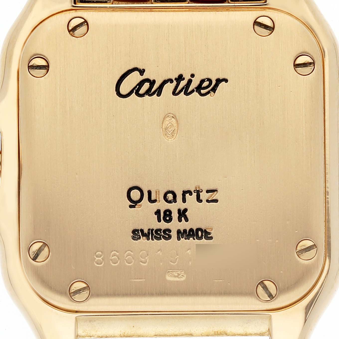 The image shows the backside of a Cartier Panthere WF3071B9 Women's Yellow Gold Silver Dial WF3071B9 Women's Yellow Gold Silver Dial watch, displaying its brand name, material, movement type, and other engravings.