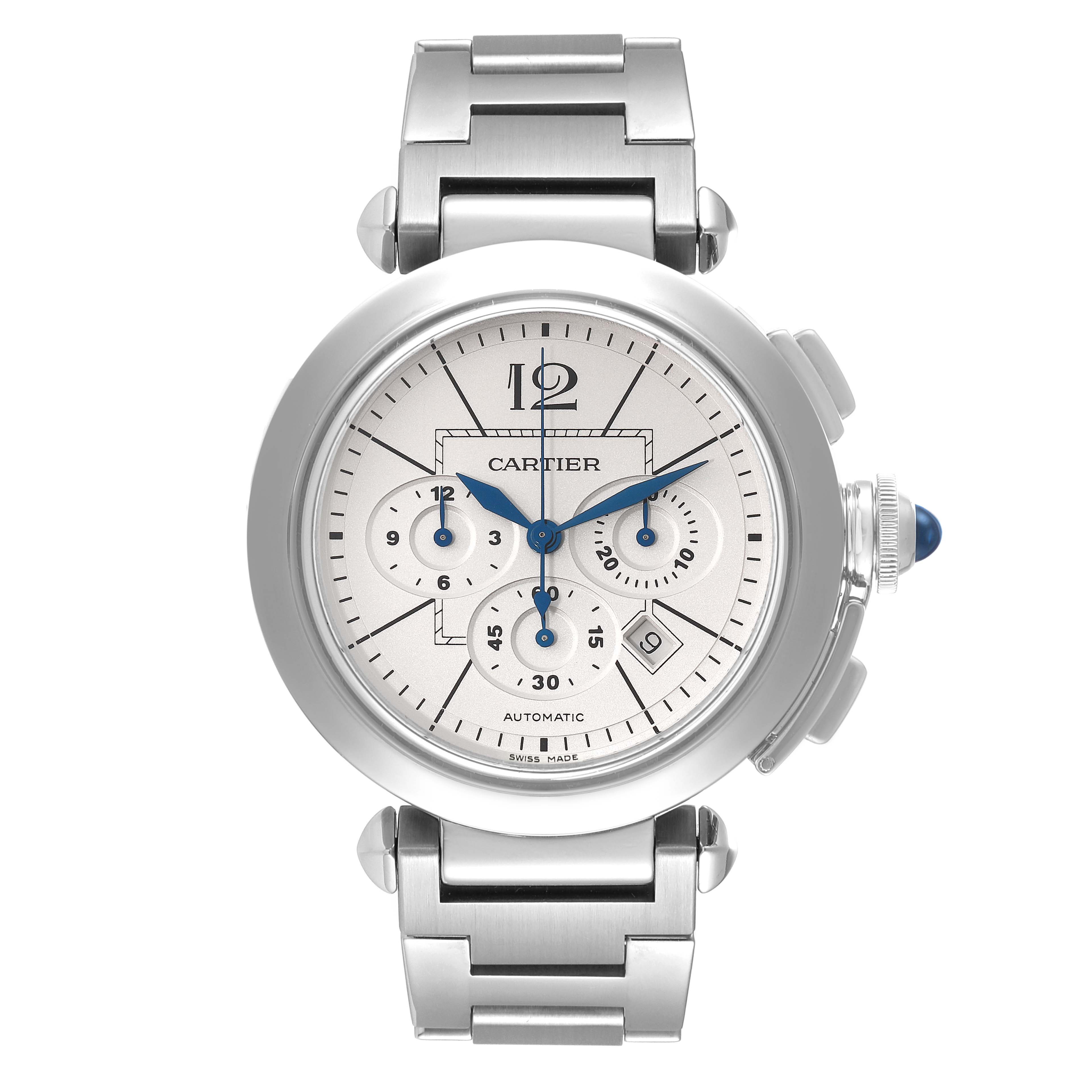 The image shows a front view of a Cartier Pasha W31085M7 Men's Stainless Steel Silver Dial W31085M7 Men's Stainless Steel Silver Dial model watch featuring its dial, hands, and stainless steel bracelet.