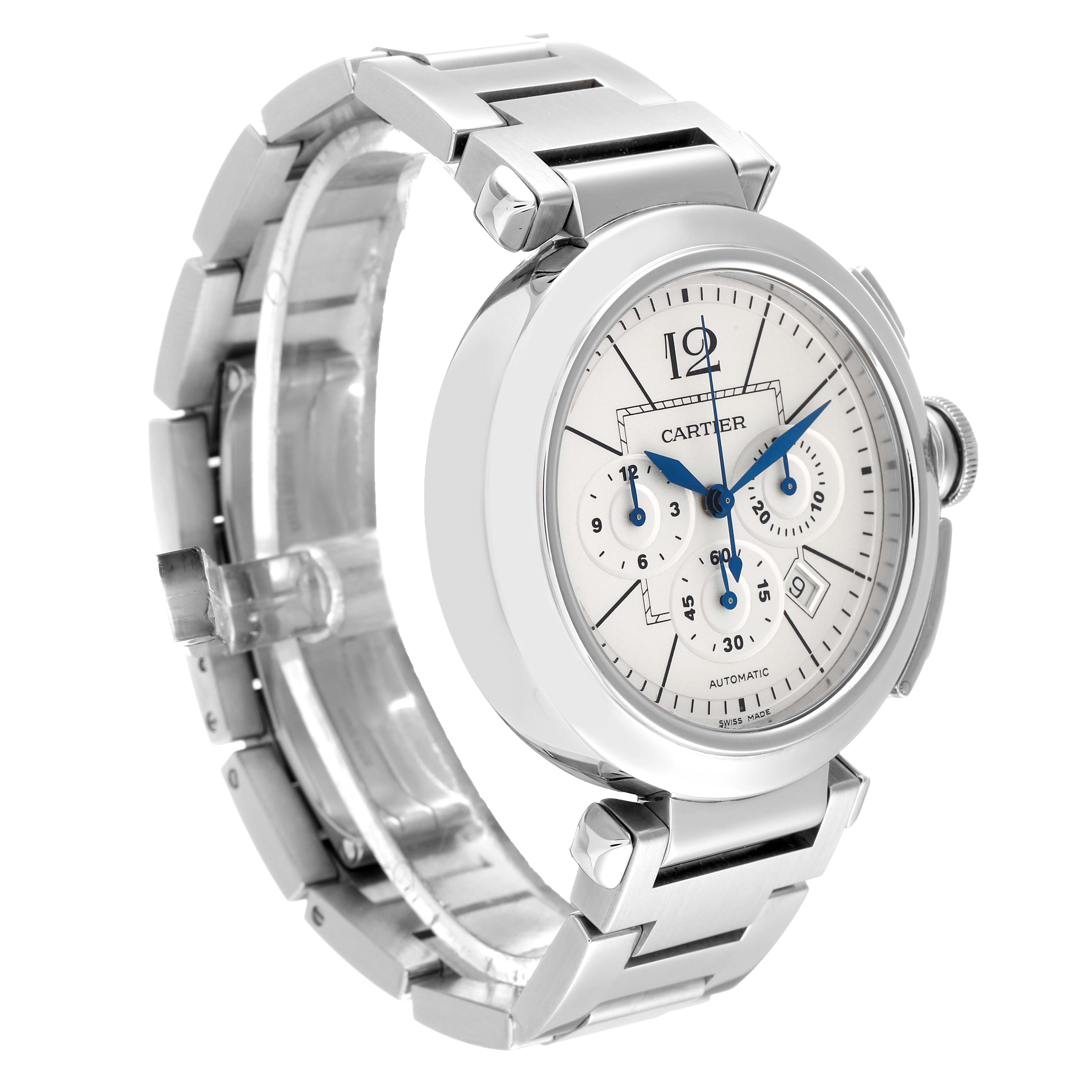 The image shows a side angle and partial front view of the Cartier Pasha W31085M7 Men's Stainless Steel Silver Dial W31085M7 Men's Stainless Steel Silver Dial watch, displaying its bracelet, crown, and dial.