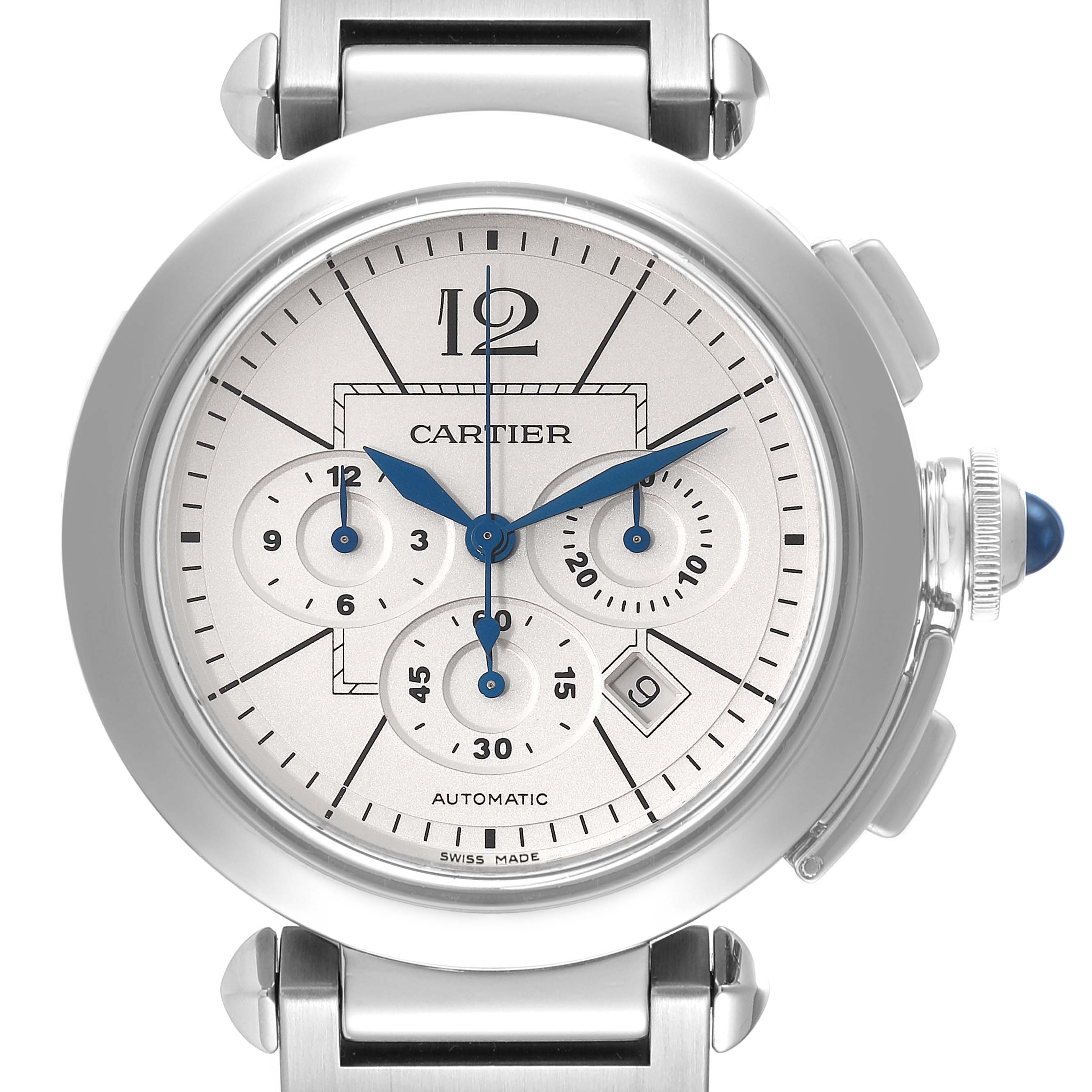 The image shows a front view of the Cartier Pasha W31085M7 Men's Stainless Steel Silver Dial W31085M7 Men's Stainless Steel Silver Dial watch, highlighting its dial, hands, sub-dials, and crown.