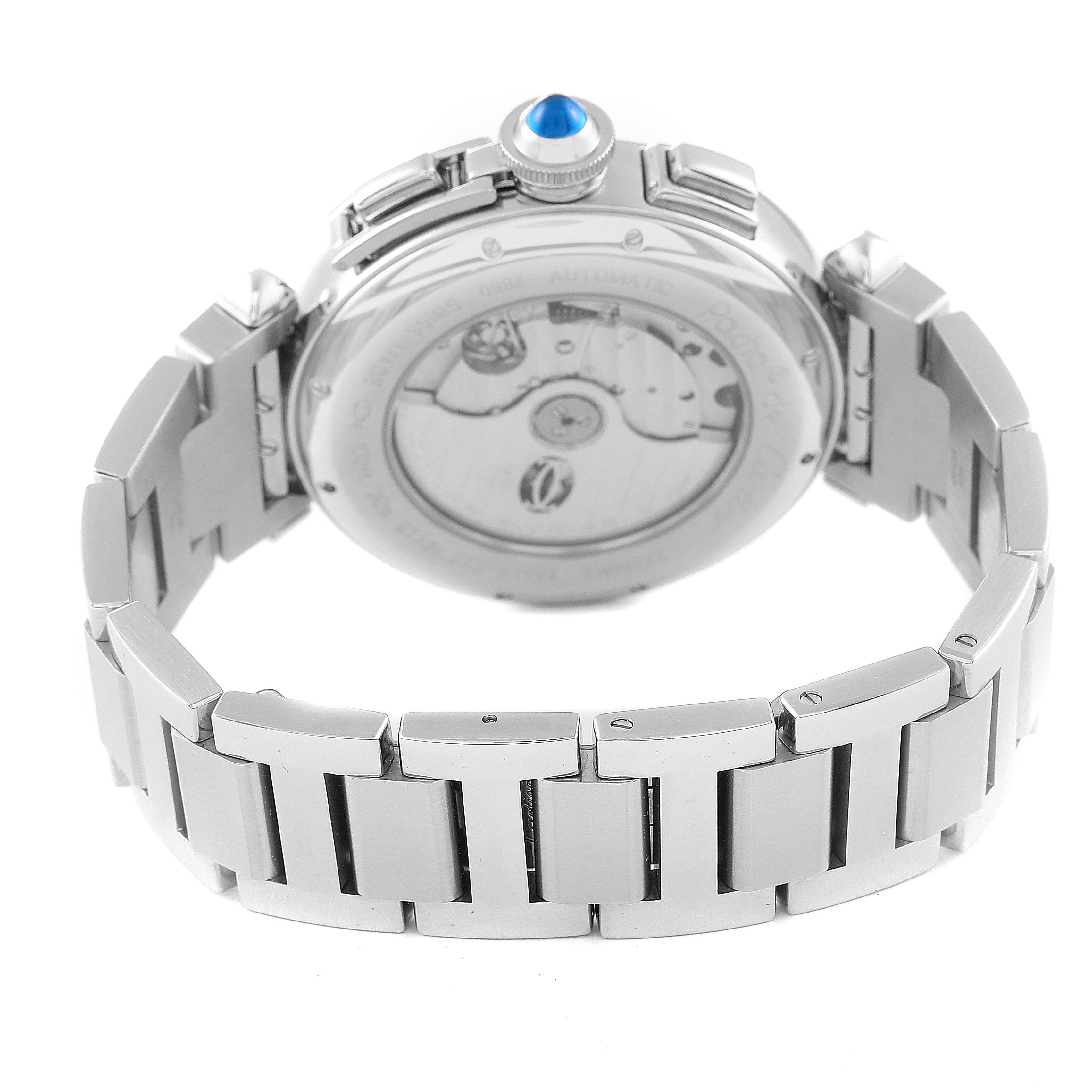 The image shows the back of a Cartier Pasha W31085M7 Men's Stainless Steel Silver Dial W31085M7 Men's Stainless Steel Silver Dial watch, highlighting the case back, crown, and metal bracelet.