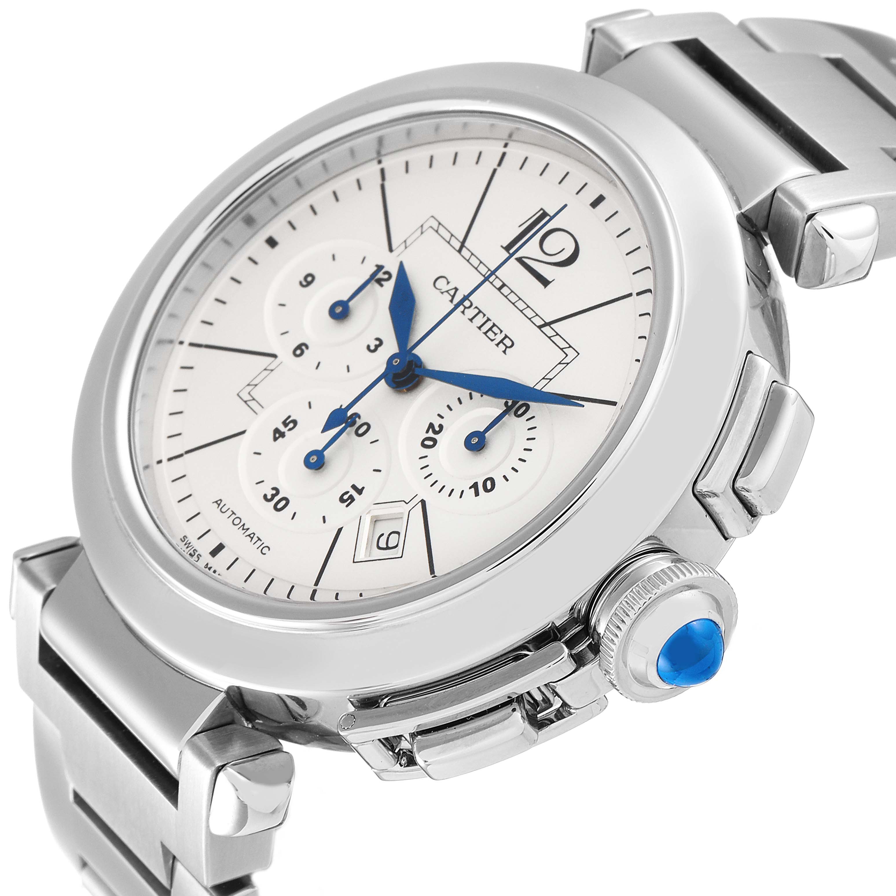 The image shows a close-up angled view of the Cartier Pasha W31085M7 Men's Stainless Steel Silver Dial W31085M7 Men's Stainless Steel Silver Dial watch, highlighting its dial, crown, and part of the bracelet.