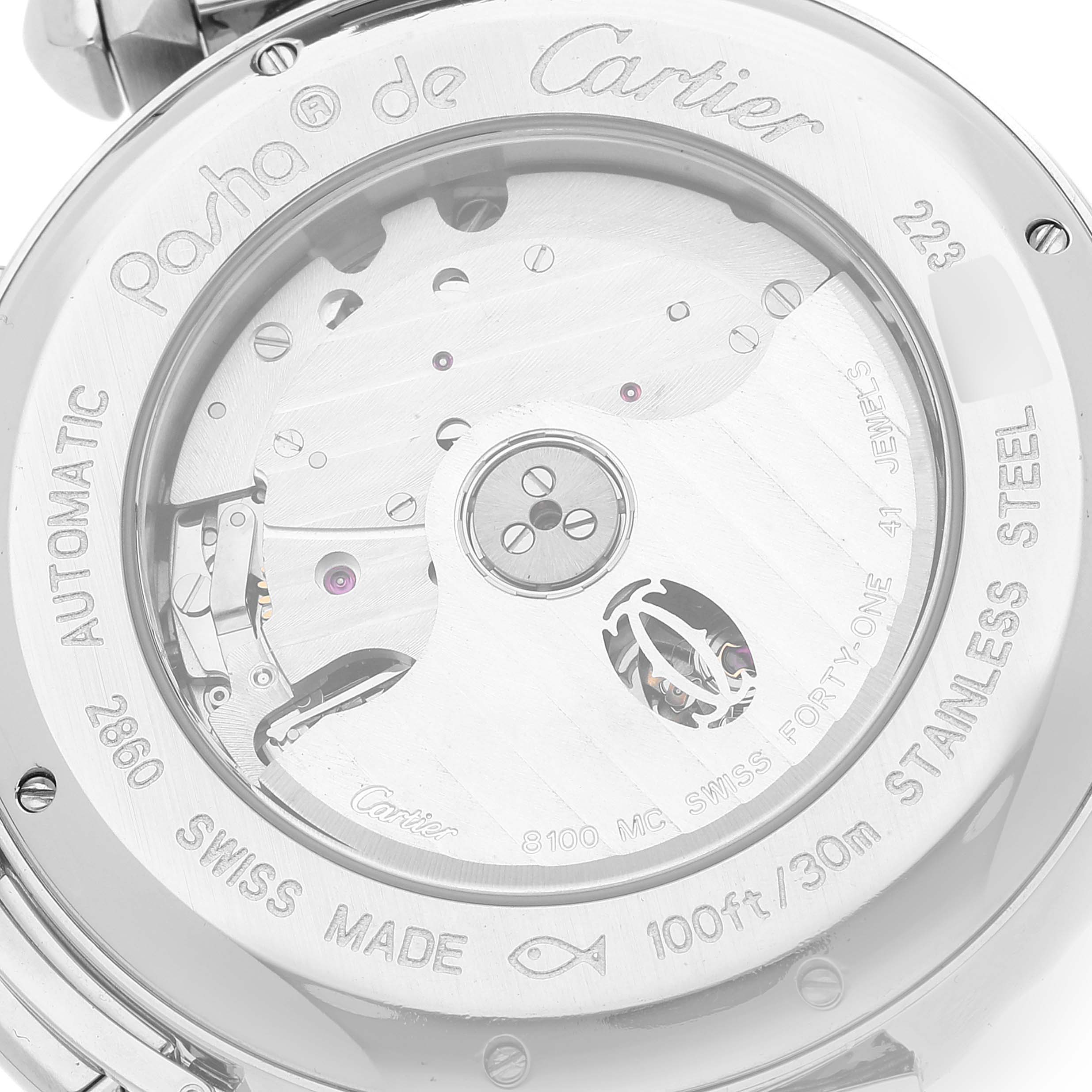 The image shows the back view of a Cartier Pasha W31085M7 Men's Stainless Steel Silver Dial W31085M7 Men's Stainless Steel Silver Dial model watch, highlighting the automatic movement mechanism and engravings.