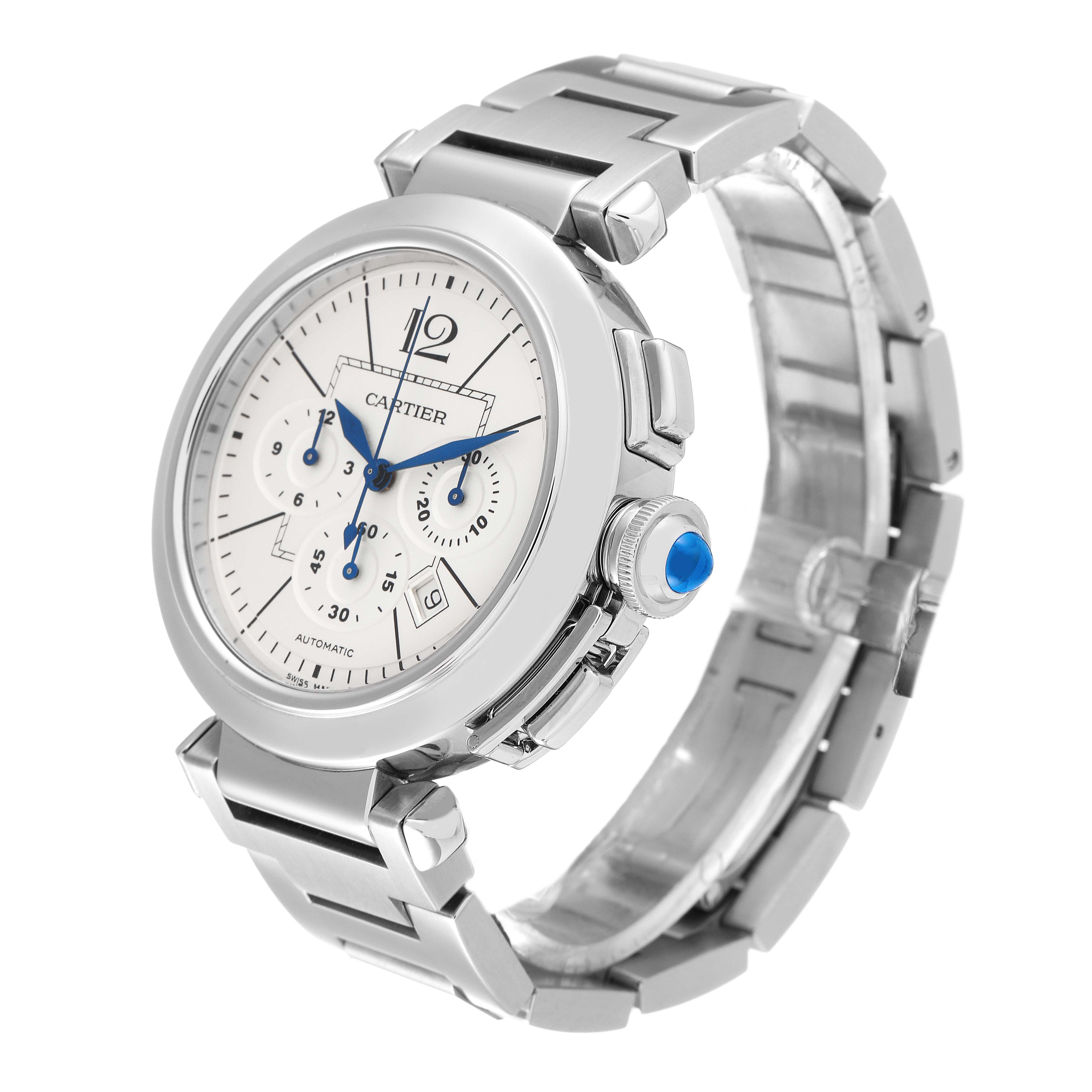 The Cartier Pasha W31085M7 Men's Stainless Steel Silver Dial W31085M7 Men's Stainless Steel Silver Dial watch is shown at a 3/4 angle highlighting the face, bracelet, and crown.