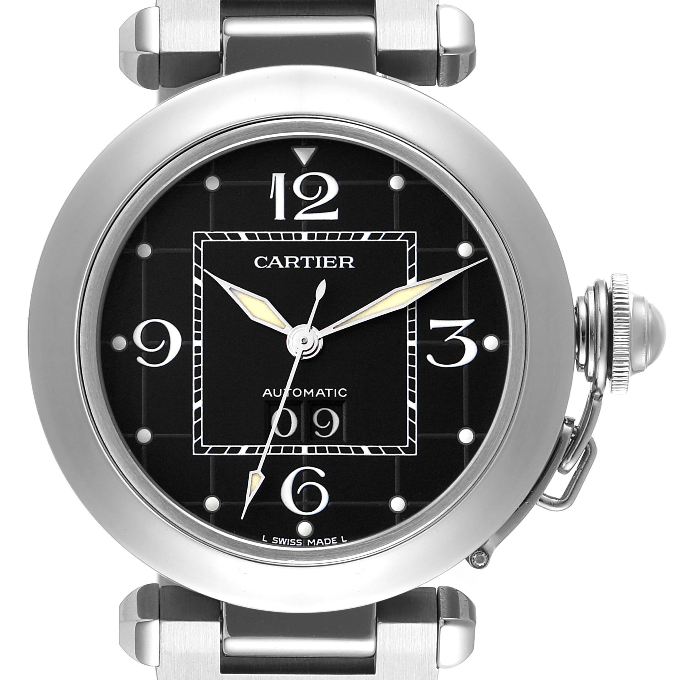 The image shows a front view of the Cartier Pasha W31053M7 Women's Stainless Steel Black Dial W31053M7 Women's Stainless Steel Black Dial model watch, highlighting its black dial, numerals, and metal bracelet.