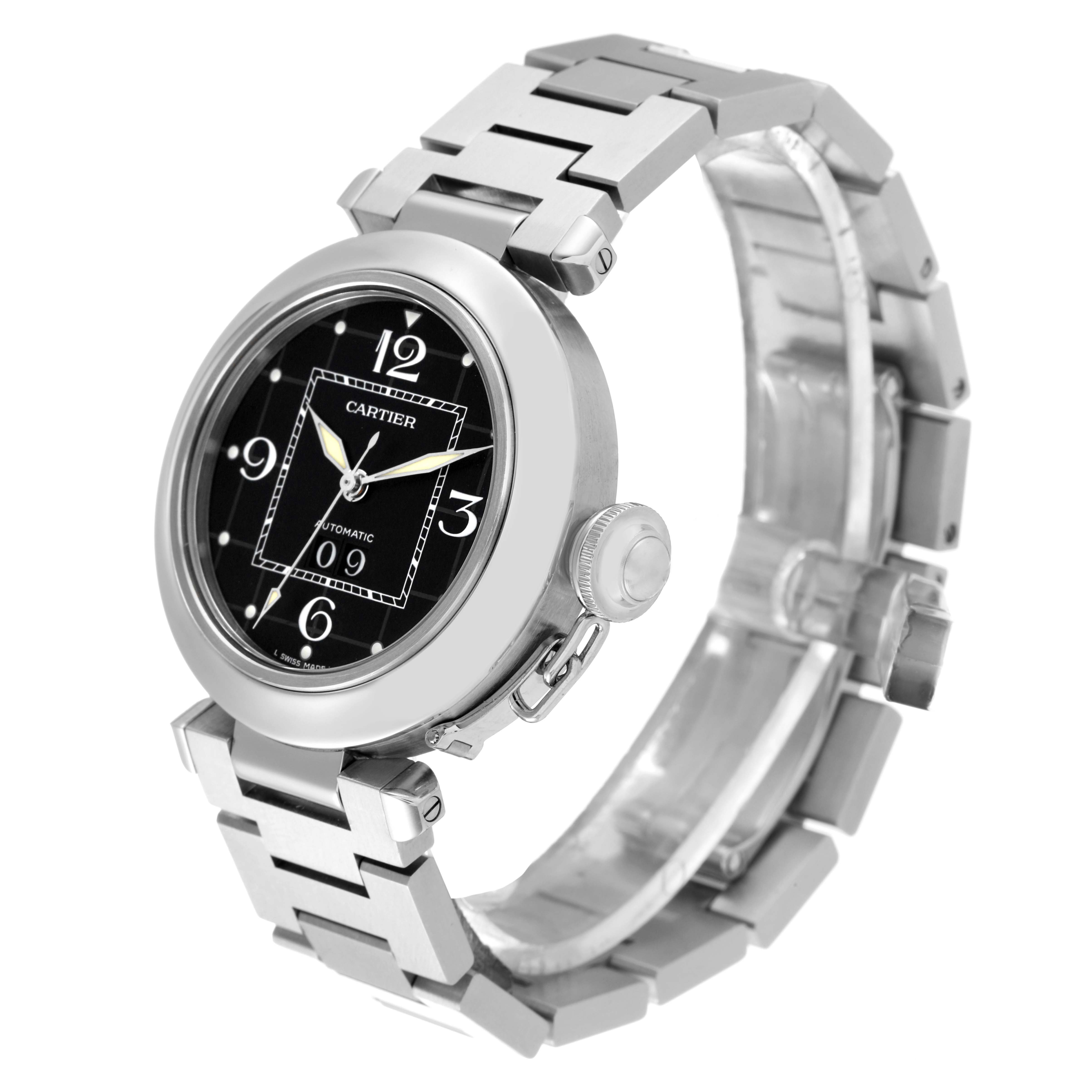 The image shows a Cartier Pasha W31053M7 Women's Stainless Steel Black Dial W31053M7 Women's Stainless Steel Black Dial watch at an angled view, displaying its round dial, crown, and metal bracelet.