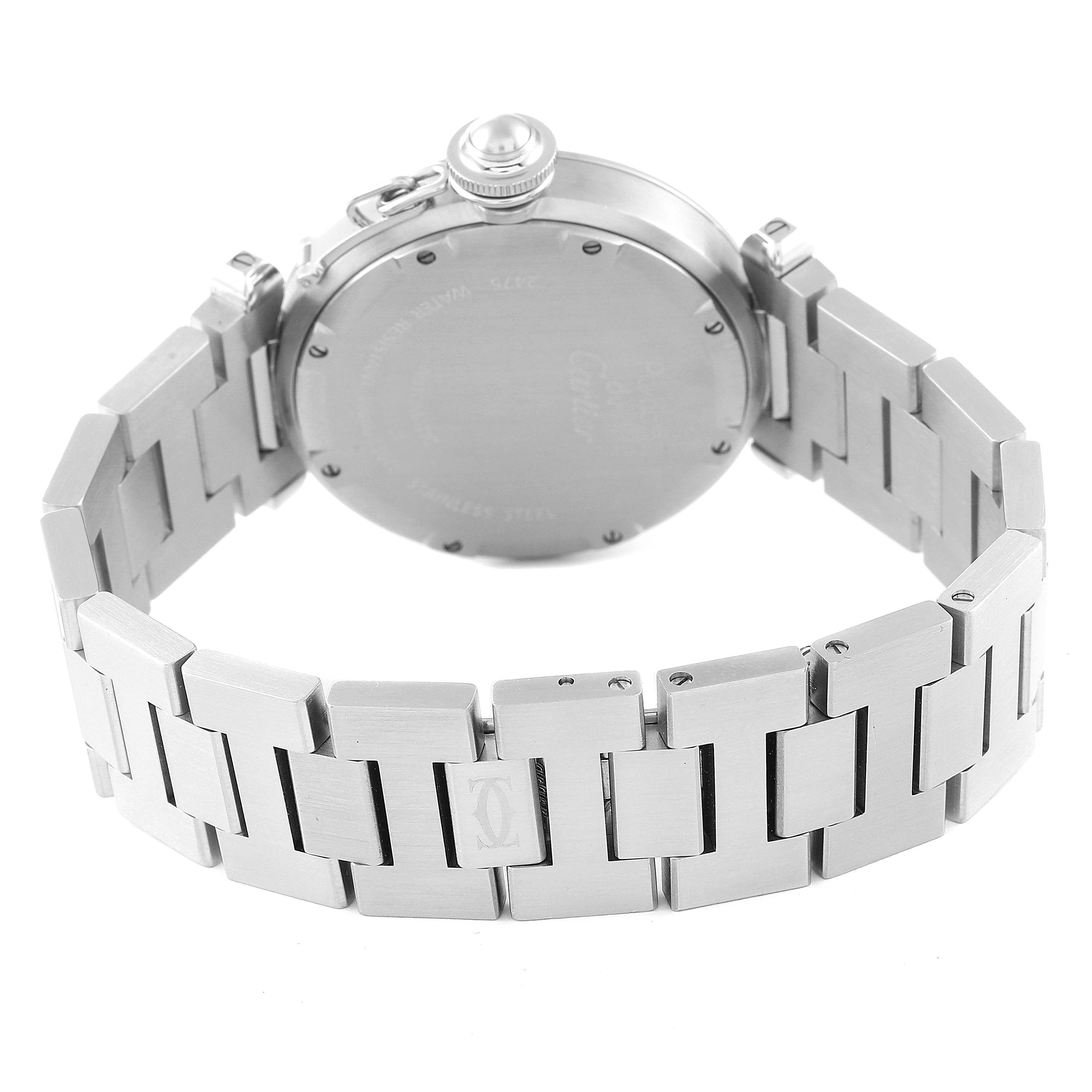 The image shows the back case and bracelet of a Cartier Pasha W31053M7 Women's Stainless Steel Black Dial W31053M7 Women's Stainless Steel Black Dial watch from a rear angle.