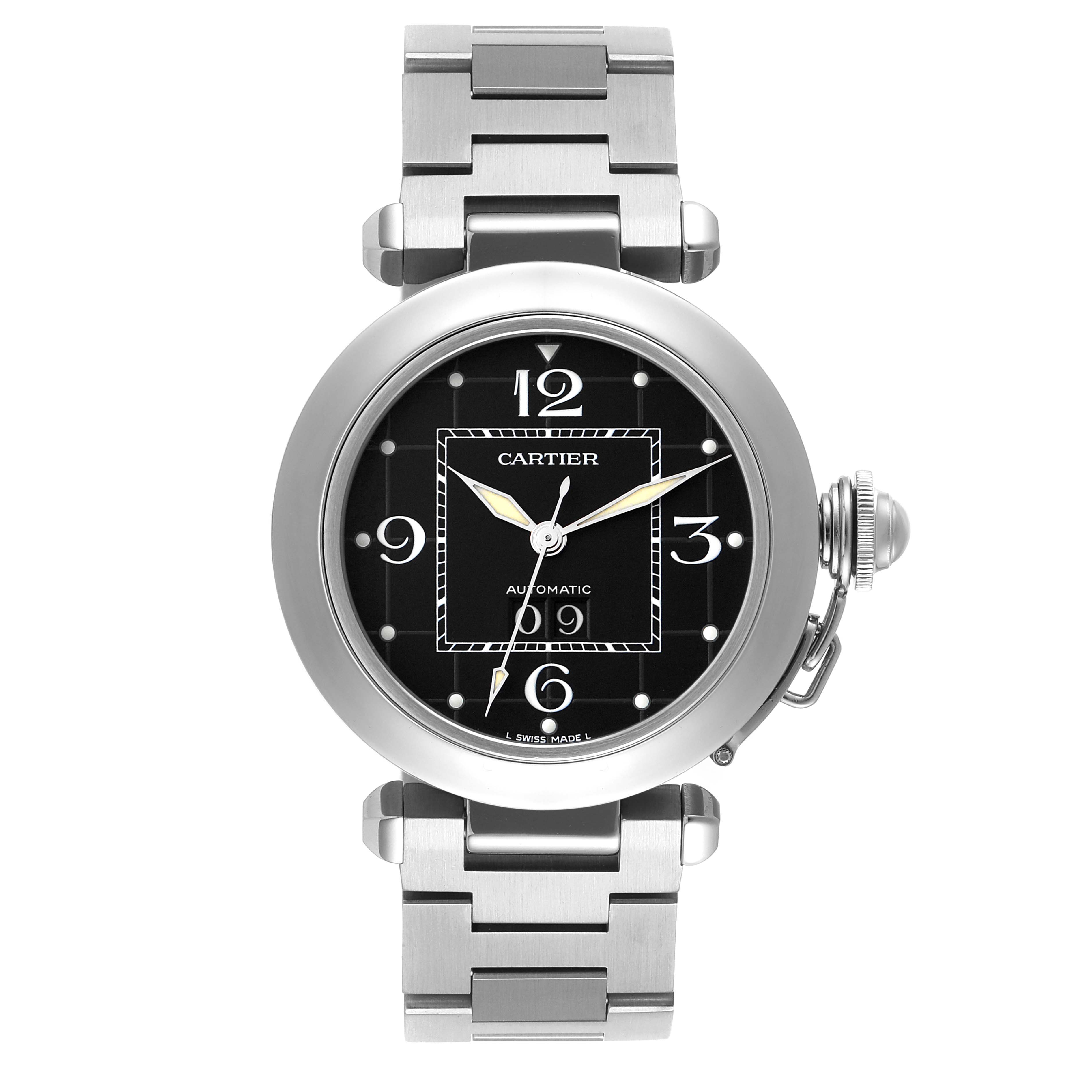 This image shows a front view of the Cartier Pasha W31053M7 Women's Stainless Steel Black Dial W31053M7 Women's Stainless Steel Black Dial watch, highlighting its dial, case, and bracelet.