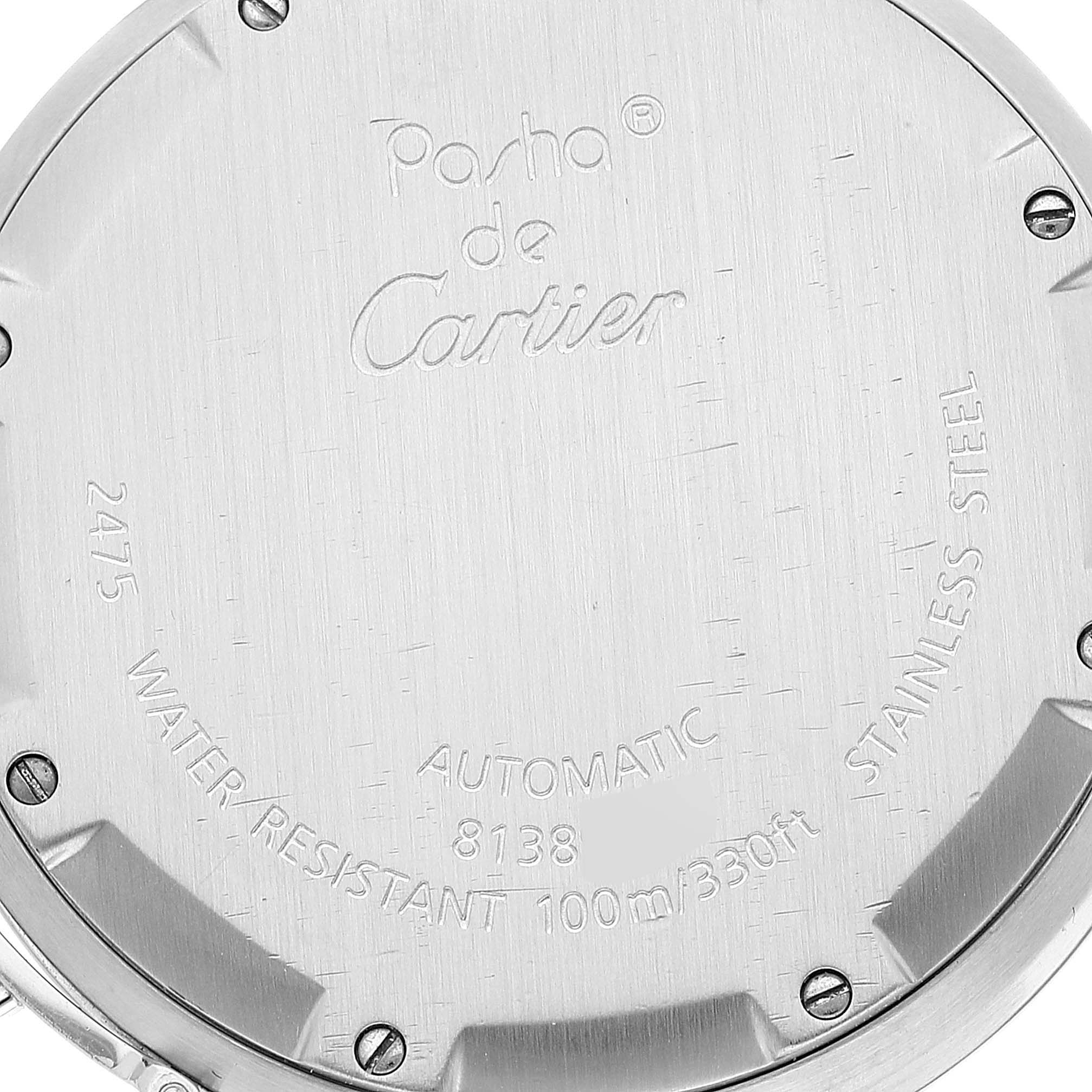 This image shows the back case of a Cartier Pasha W31053M7 Women's Stainless Steel Black Dial W31053M7 Women's Stainless Steel Black Dial watch, highlighting the model and specifications.