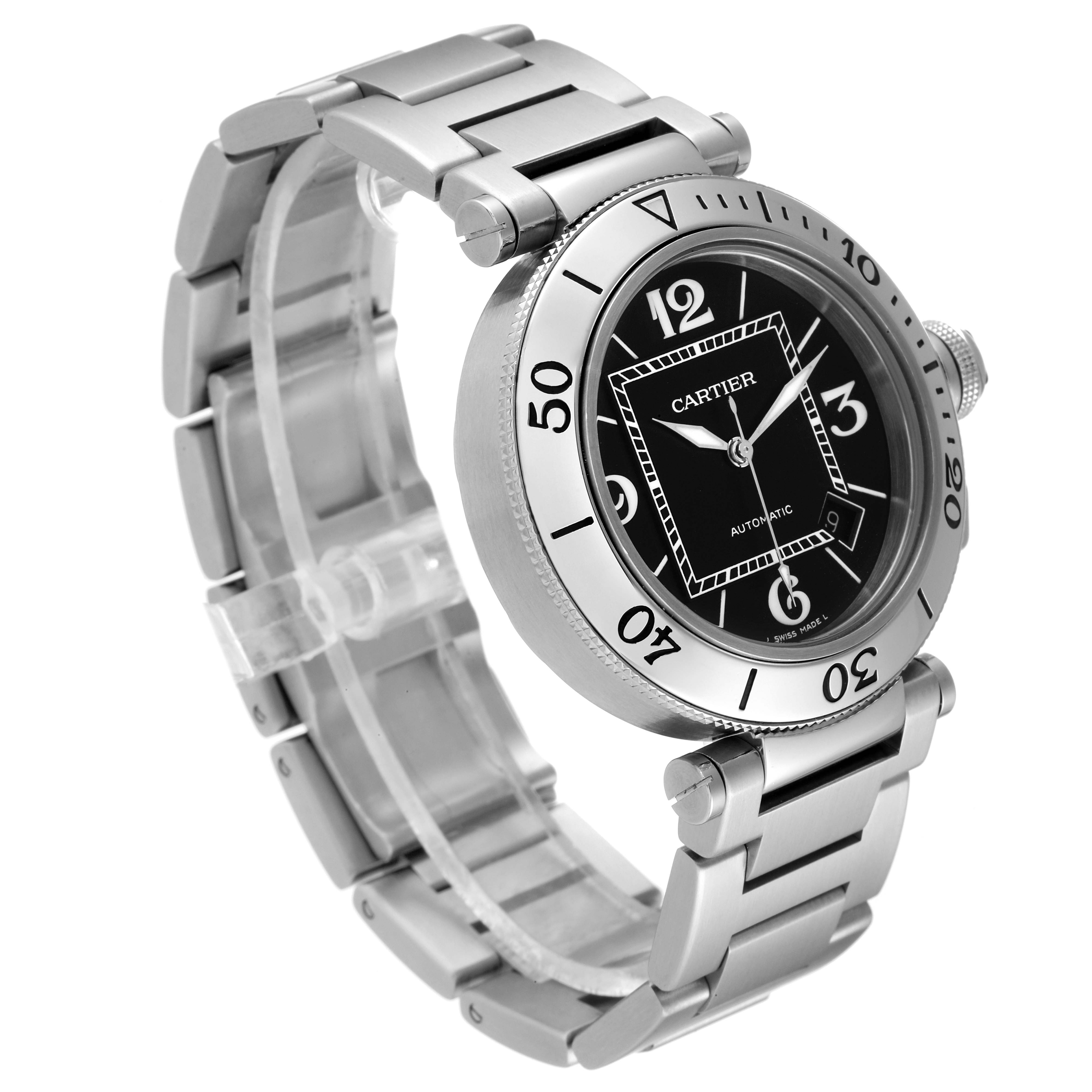 The Cartier Pasha W31077M7 Men's Stainless Steel Black Dial W31077M7 Men's Stainless Steel Black Dial watch is shown at an angle, displaying the side profile, bracelet, bezel, and dial.