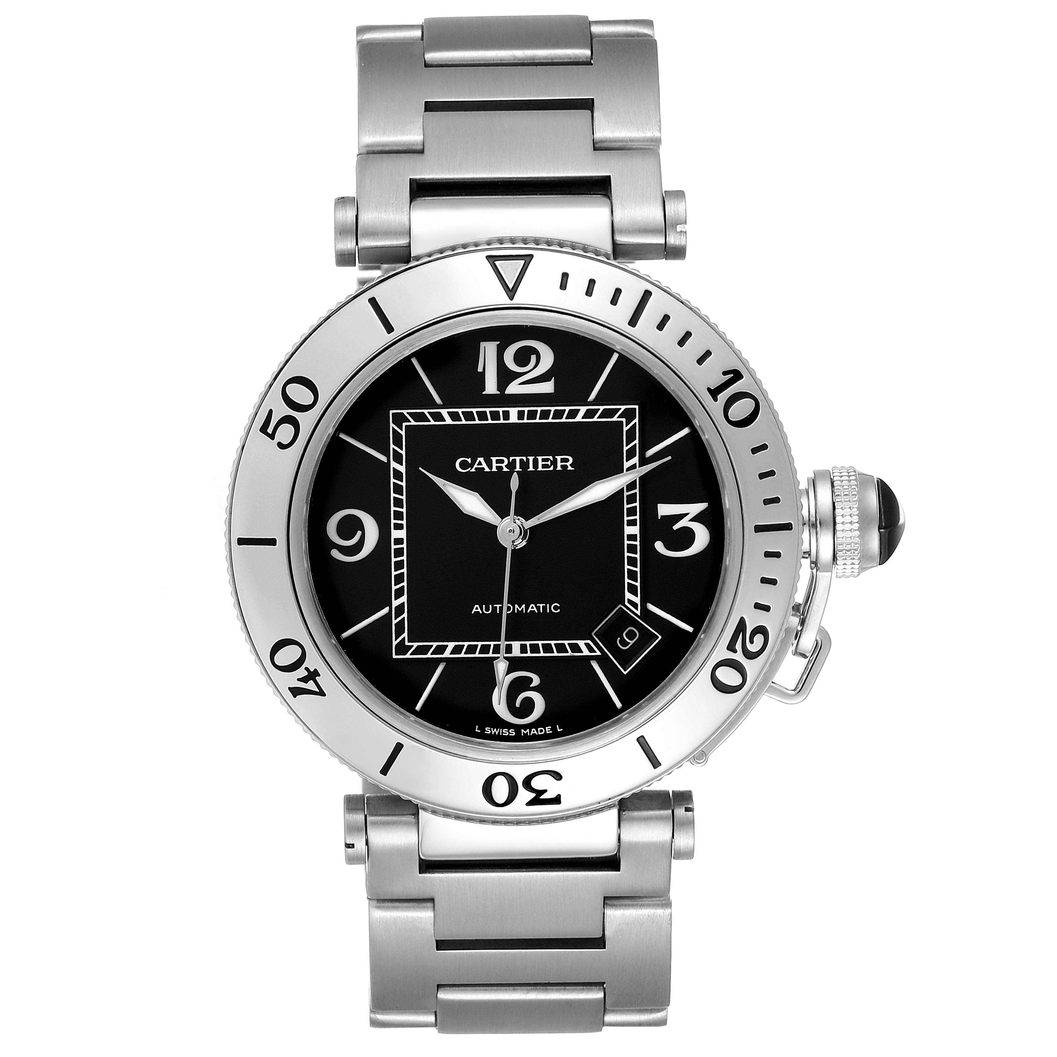 This image shows a frontal view of the Cartier Pasha W31077M7 Men's Stainless Steel Black Dial W31077M7 Men's Stainless Steel Black Dial watch, highlighting its face, bezel, and bracelet.