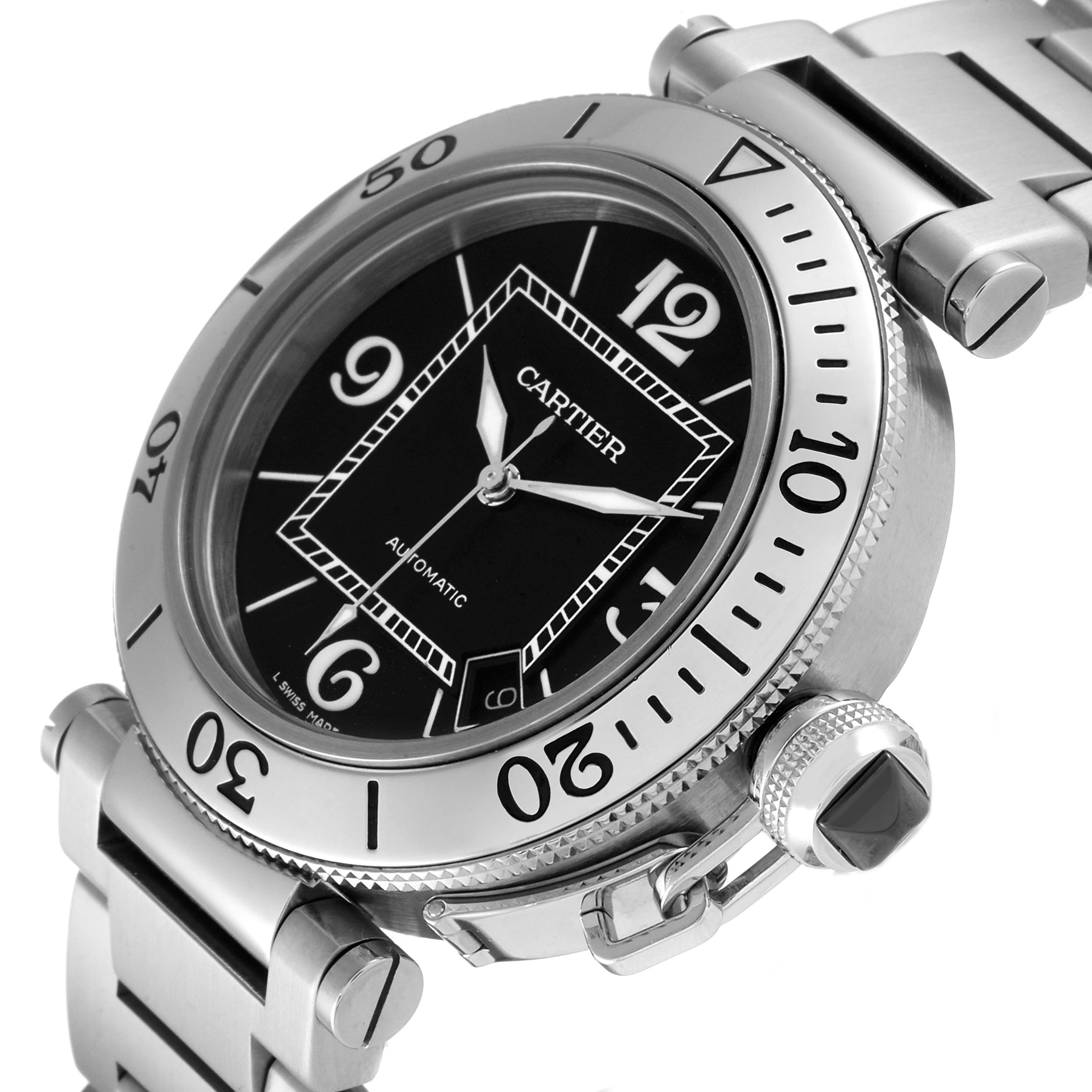 This image shows a close-up of the Cartier Pasha W31077M7 Men's Stainless Steel Black Dial W31077M7 Men's Stainless Steel Black Dial watch, highlighting its face, bezel, and part of its stainless steel bracelet.