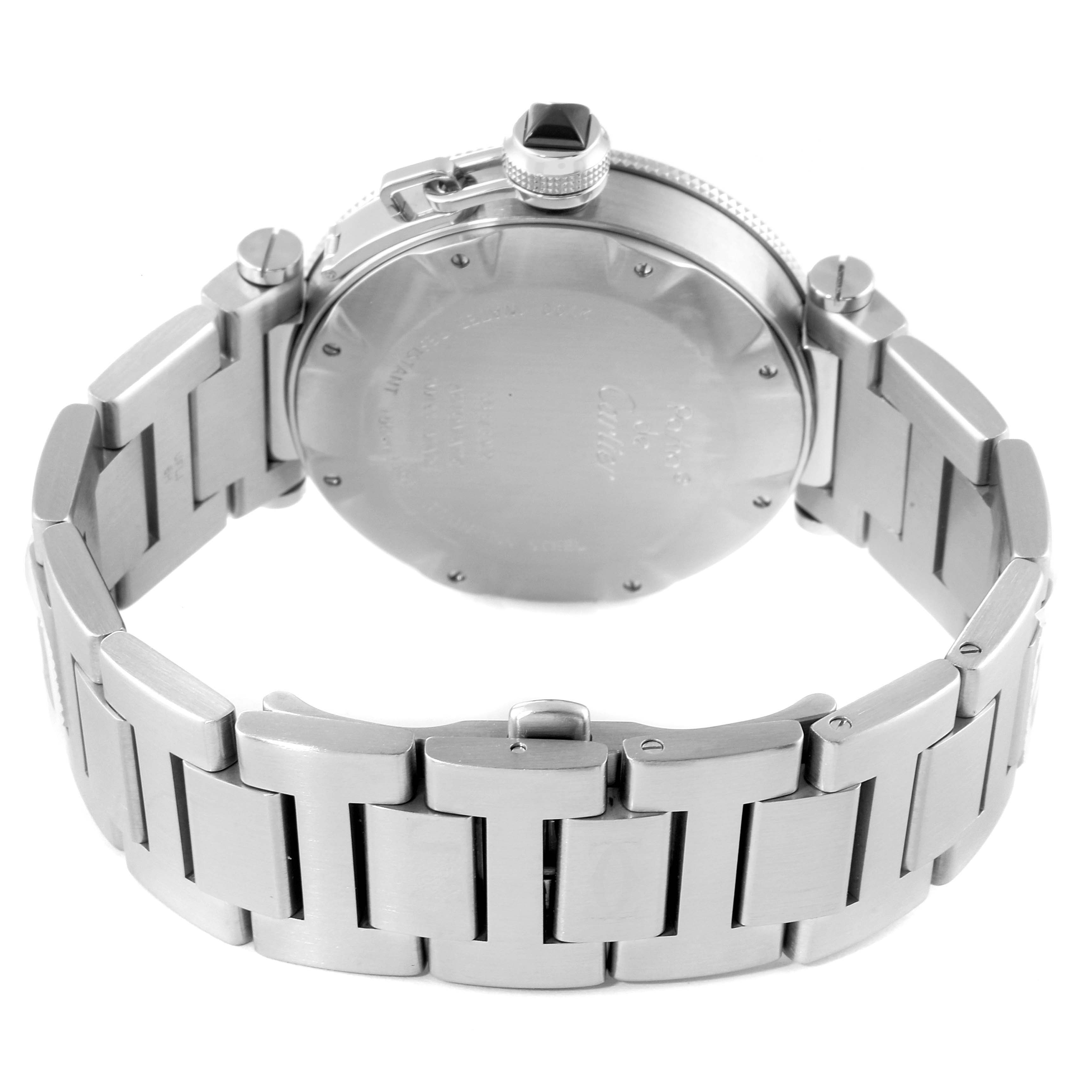 The image shows the back view of a Cartier Pasha W31077M7 Men's Stainless Steel Black Dial W31077M7 Men's Stainless Steel Black Dial model watch, highlighting the case back and stainless steel bracelet.