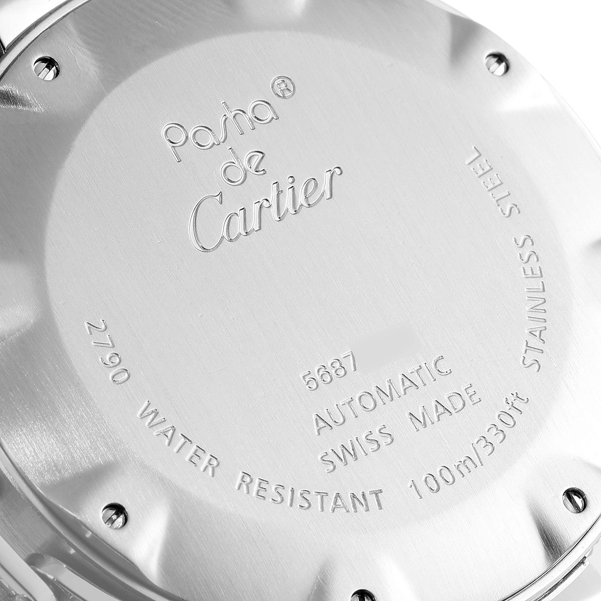 The image shows the back case of a Cartier Pasha W31077M7 Men's Stainless Steel Black Dial W31077M7 Men's Stainless Steel Black Dial watch, highlighting its specifications and engravings.