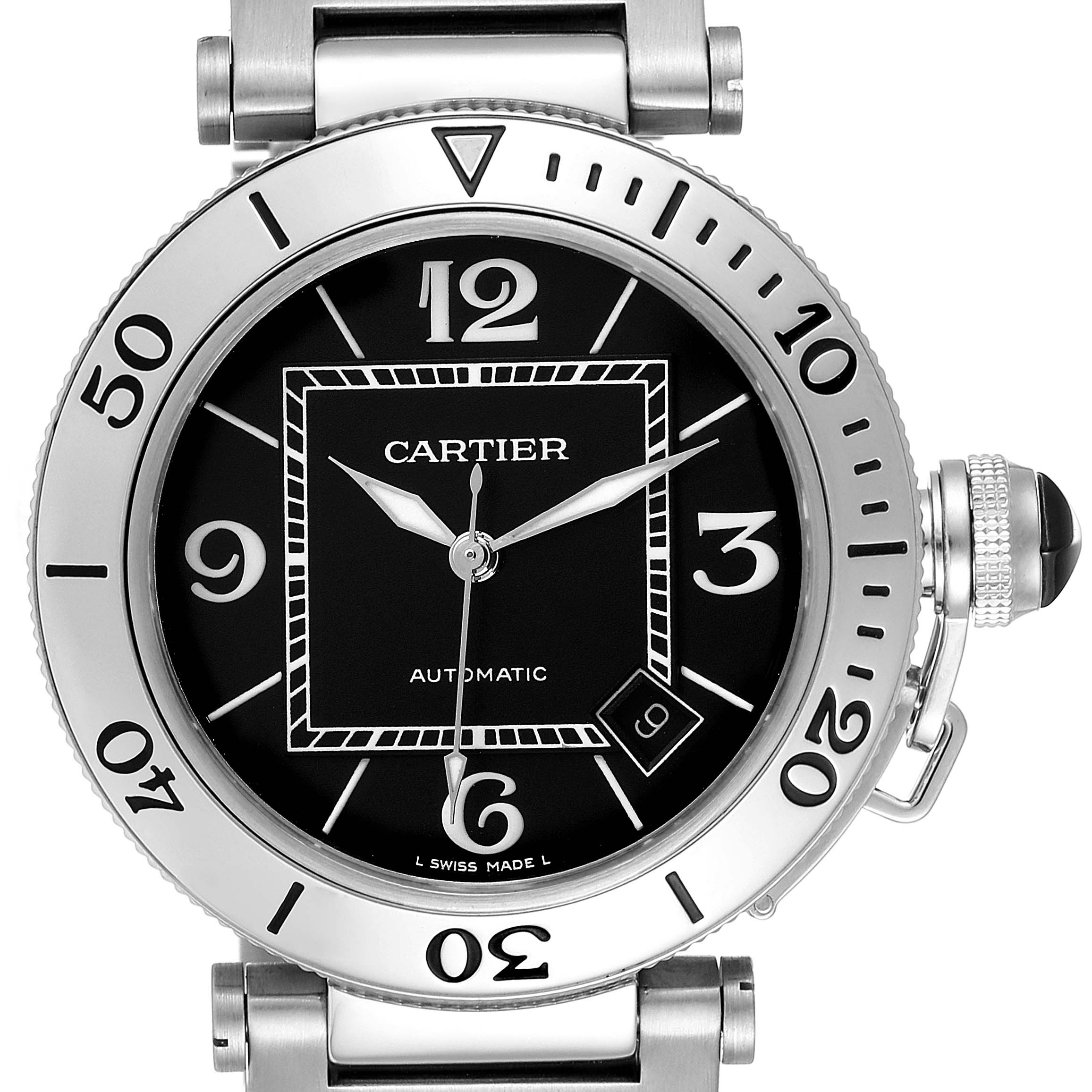 This image shows a frontal view of the Cartier Pasha W31077M7 Men's Stainless Steel Black Dial W31077M7 Men's Stainless Steel Black Dial watch, displaying its face, bezel, and part of the bracelet.