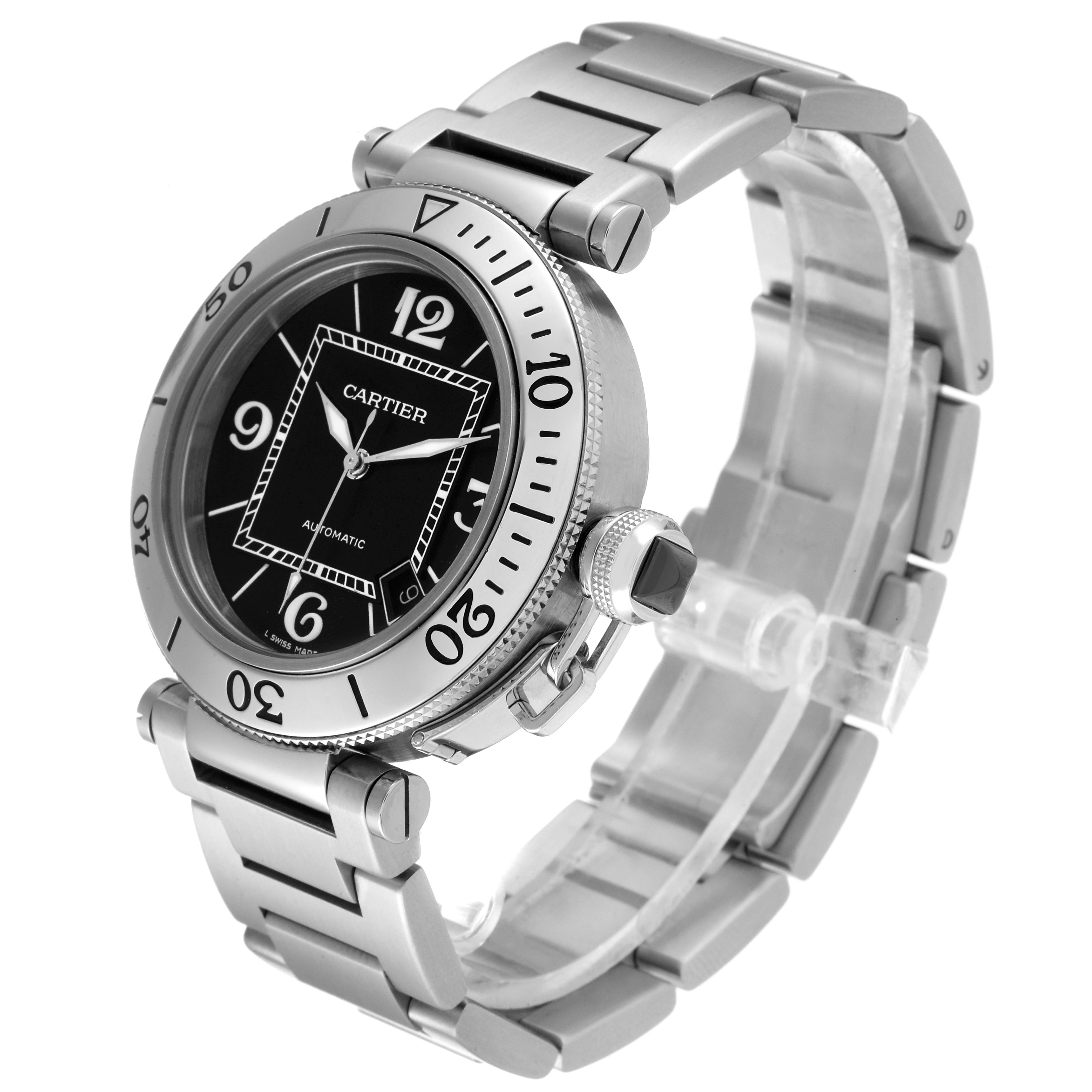 The image shows a Cartier Pasha W31077M7 Men's Stainless Steel Black Dial W31077M7 Men's Stainless Steel Black Dial model watch at an angle showcasing its face, bezel, crown, and part of the metal bracelet.