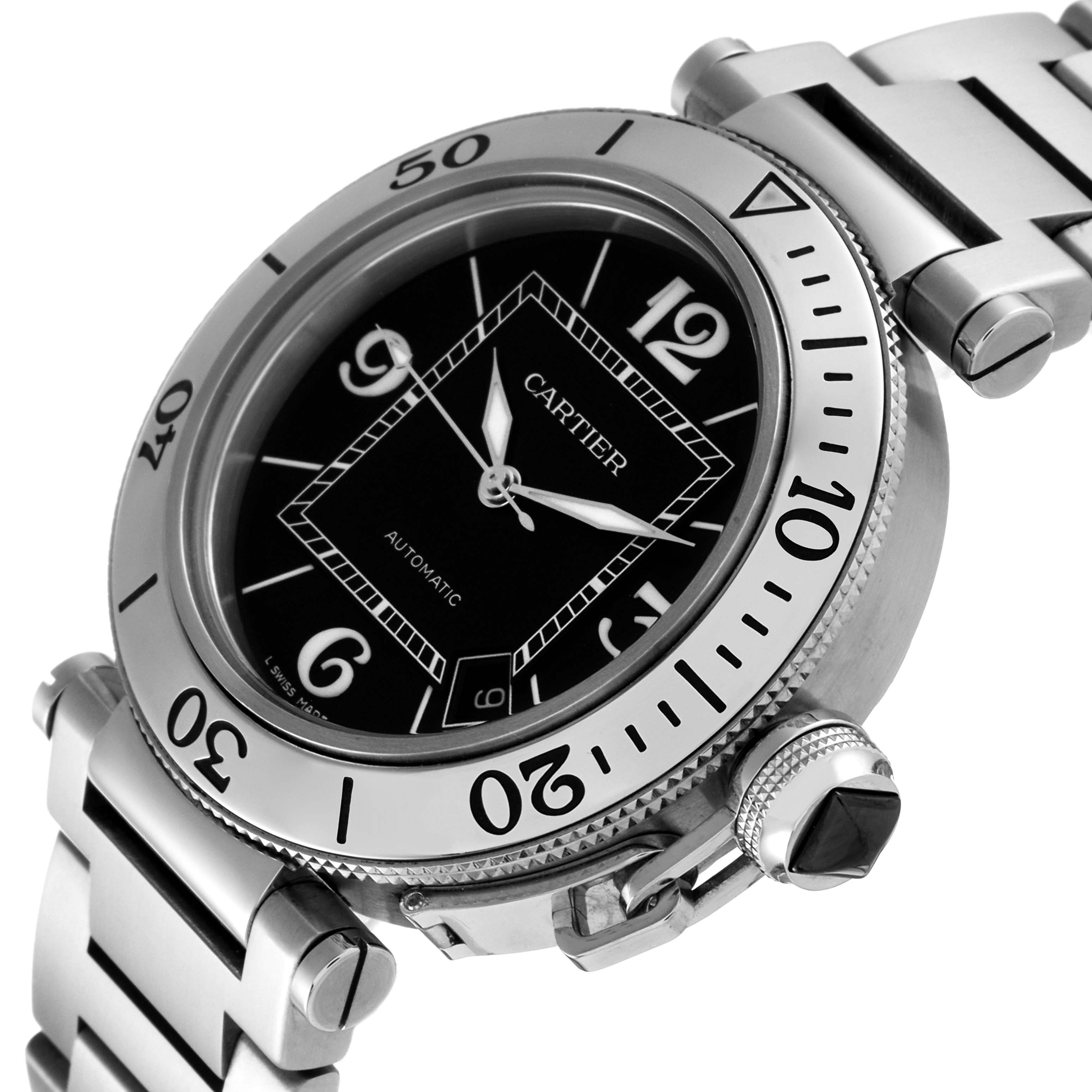 The image shows a close-up angle of the Cartier Pasha W31077M7 Men's Stainless Steel Black Dial W31077M7 Men's Stainless Steel Black Dial watch, highlighting its face, bezel, and stainless steel bracelet.