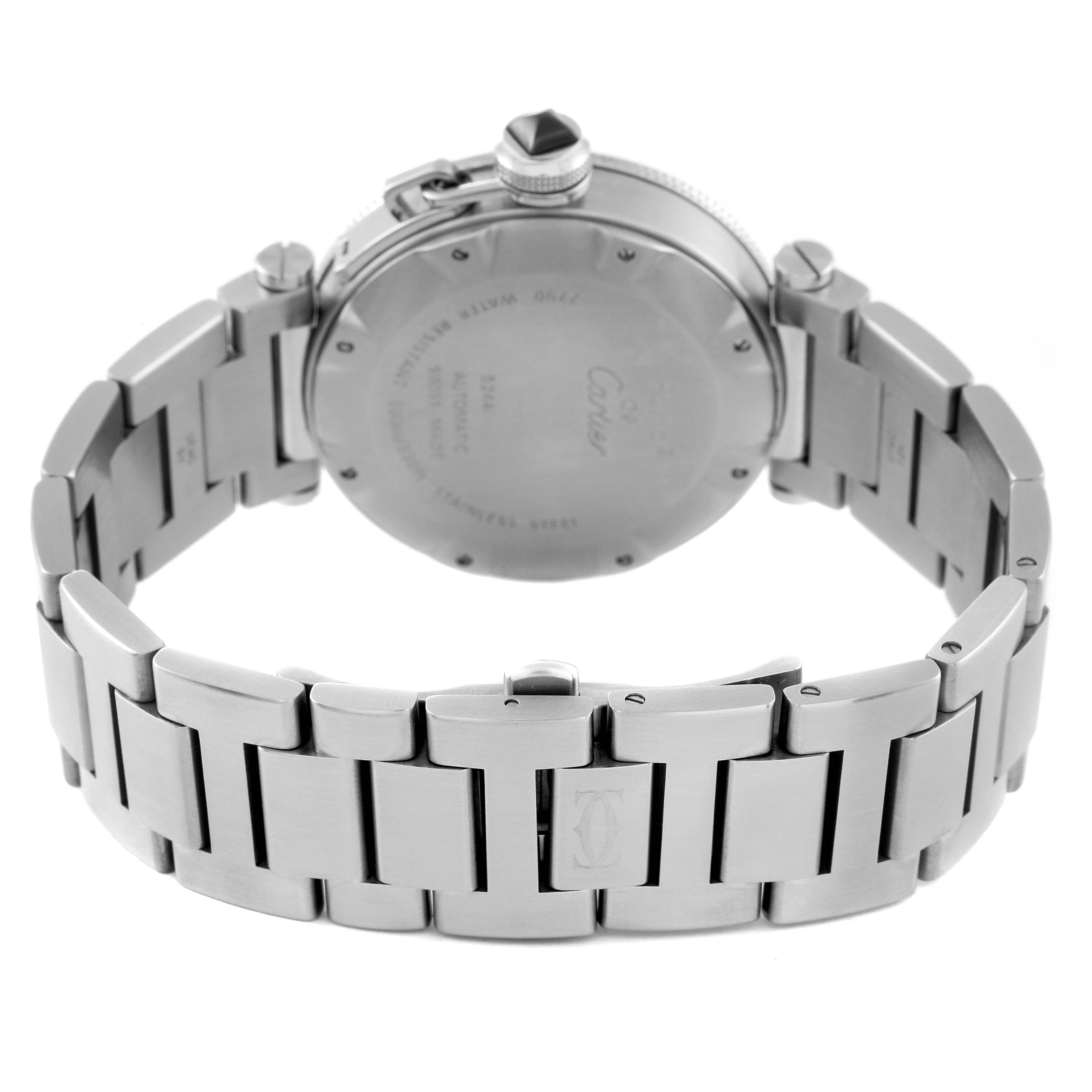 The image shows the back of a Cartier Pasha W31077M7 Men's Stainless Steel Black Dial W31077M7 Men's Stainless Steel Black Dial watch and its metal bracelet, viewed from a rear angle.