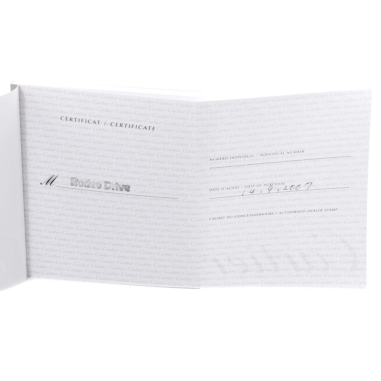 The image shows the certificate of authenticity for the Cartier Pasha W31077M7 Men's Stainless Steel Black Dial W31077M7 Men's Stainless Steel Black Dial model watch with the date of purchase.