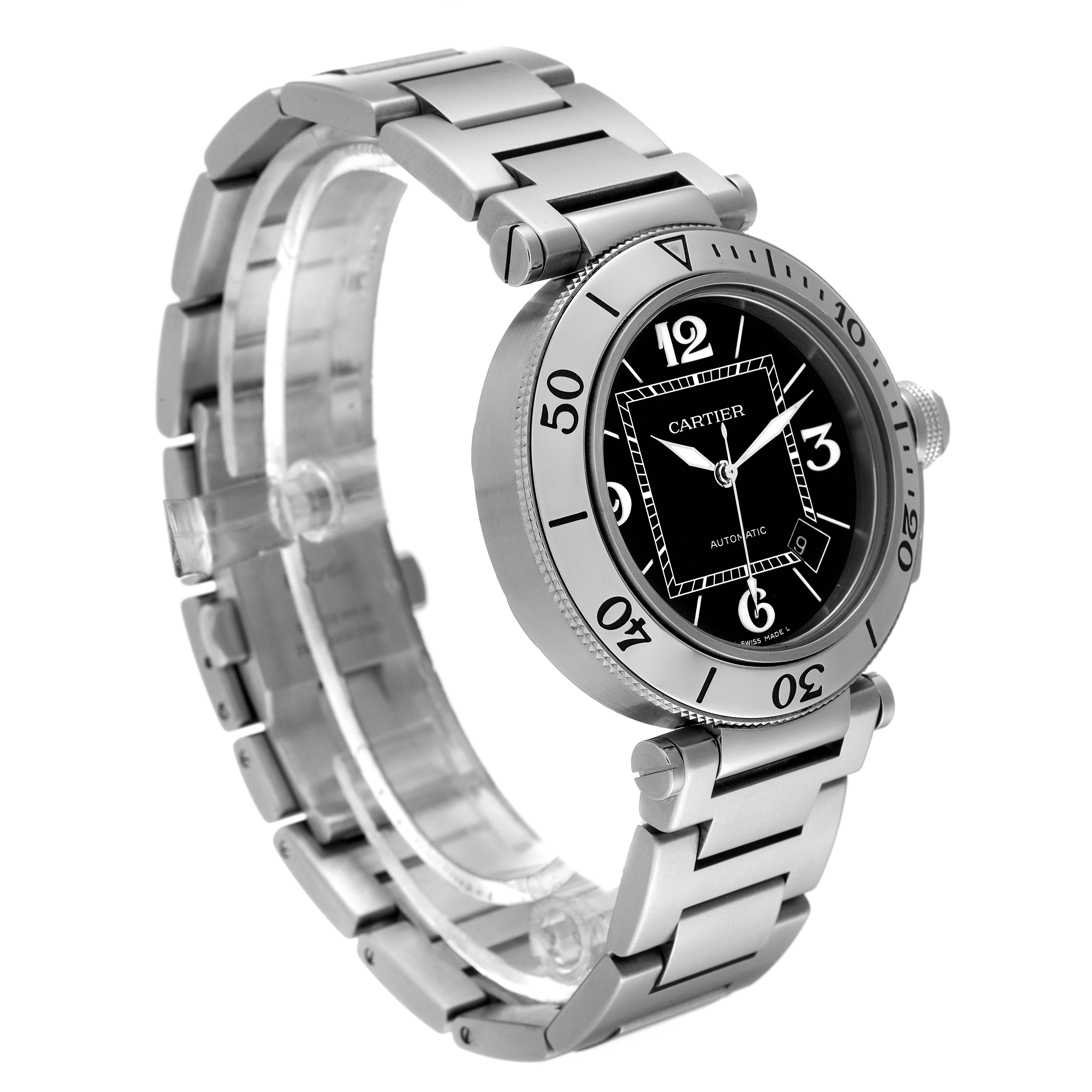 The image shows a Cartier Pasha W31077M7 Men's Stainless Steel Black Dial W31077M7 Men's Stainless Steel Black Dial watch at an oblique angle, focusing on its face, bezel, and metal bracelet.