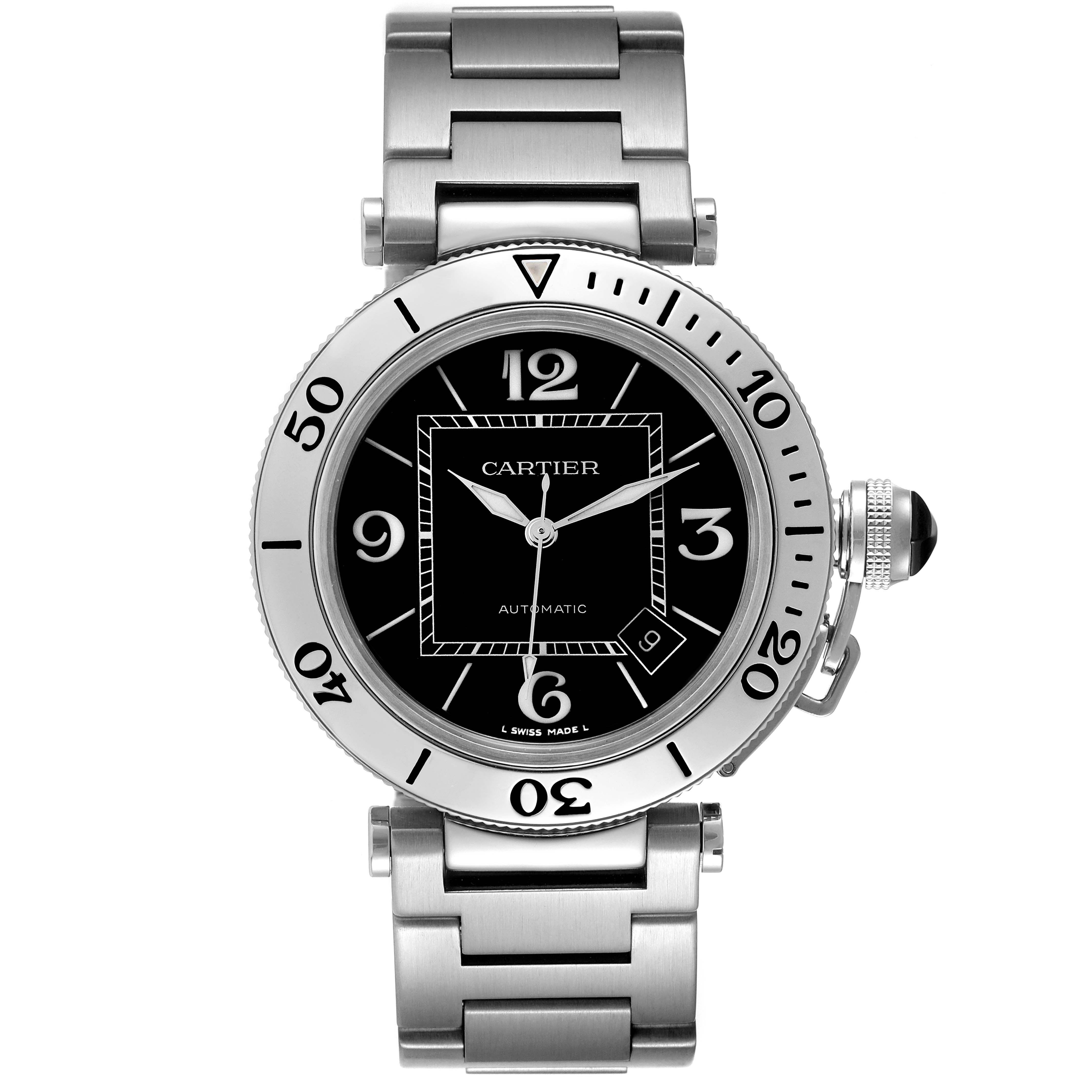 This image shows a front view of the Cartier Pasha W31077M7 Men's Stainless Steel Black Dial W31077M7 Men's Stainless Steel Black Dial watch, including its bezel, dial, bracelet, and crown.
