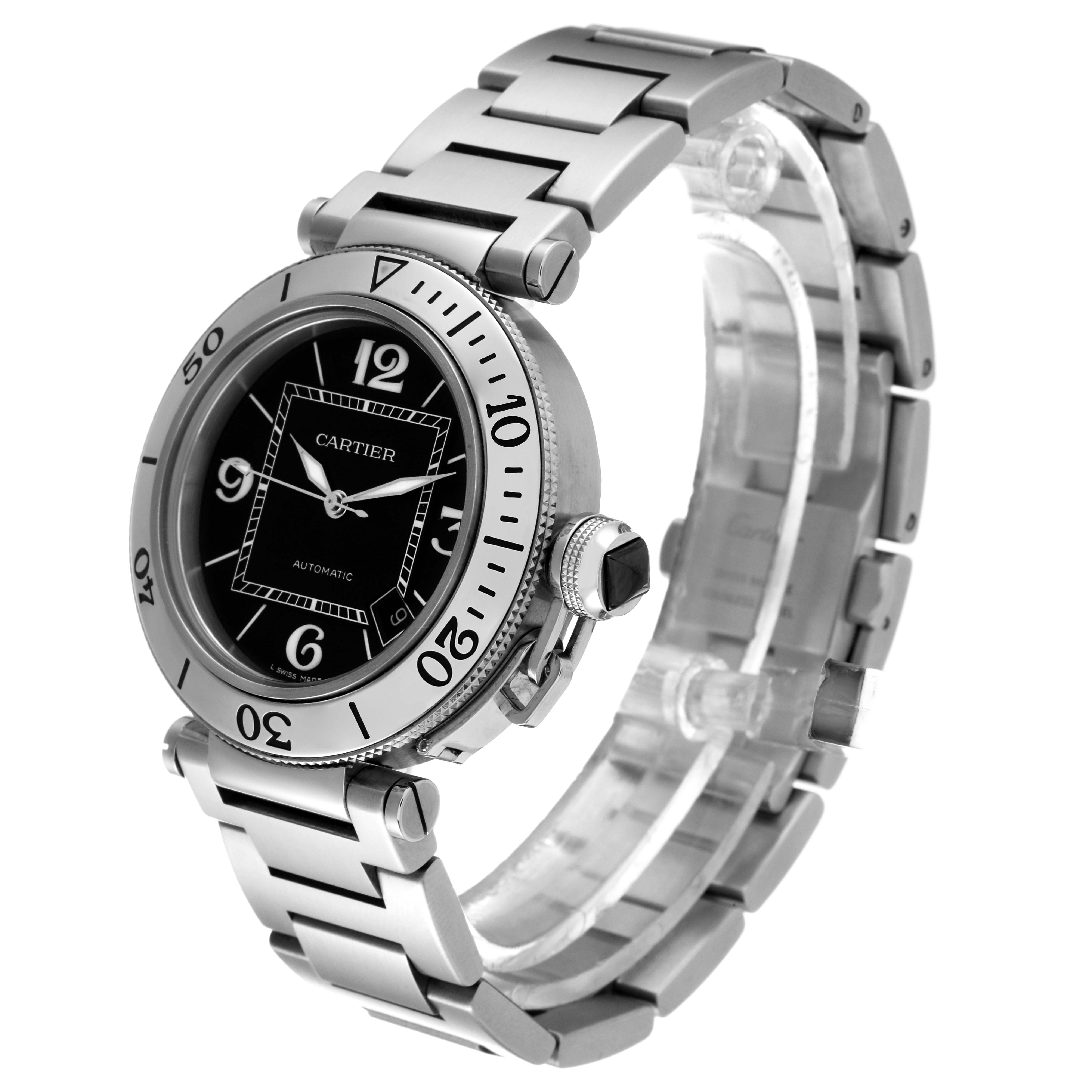 The Cartier Pasha W31077M7 Men's Stainless Steel Black Dial W31077M7 Men's Stainless Steel Black Dial watch is shown at a side angle, displaying the face, bezel, crown guard, and metal bracelet.