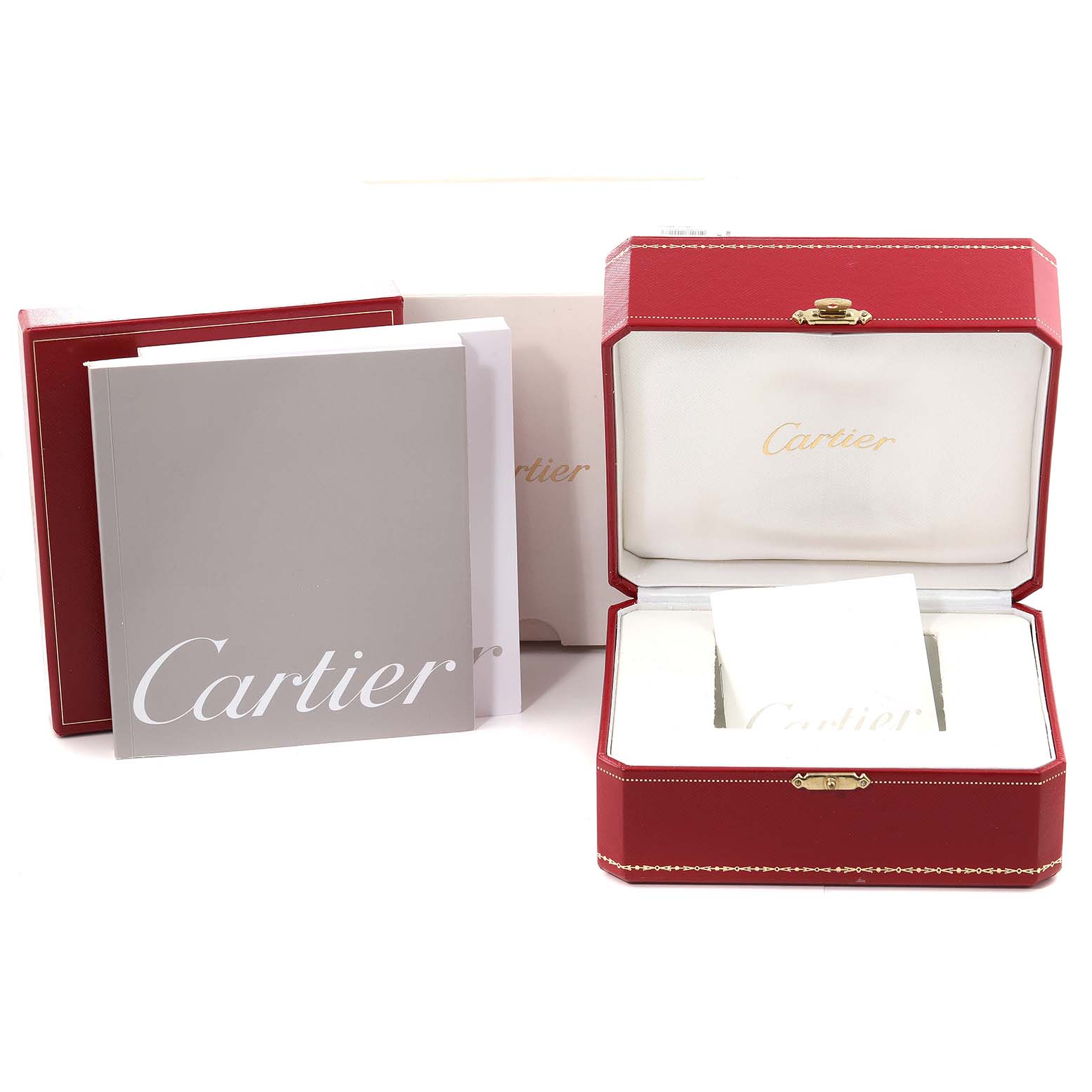 The image shows a Cartier Pasha W31077M7 Men's Stainless Steel Black Dial W31077M7 Men's Stainless Steel Black Dial watch box, outer box, and instruction booklets.