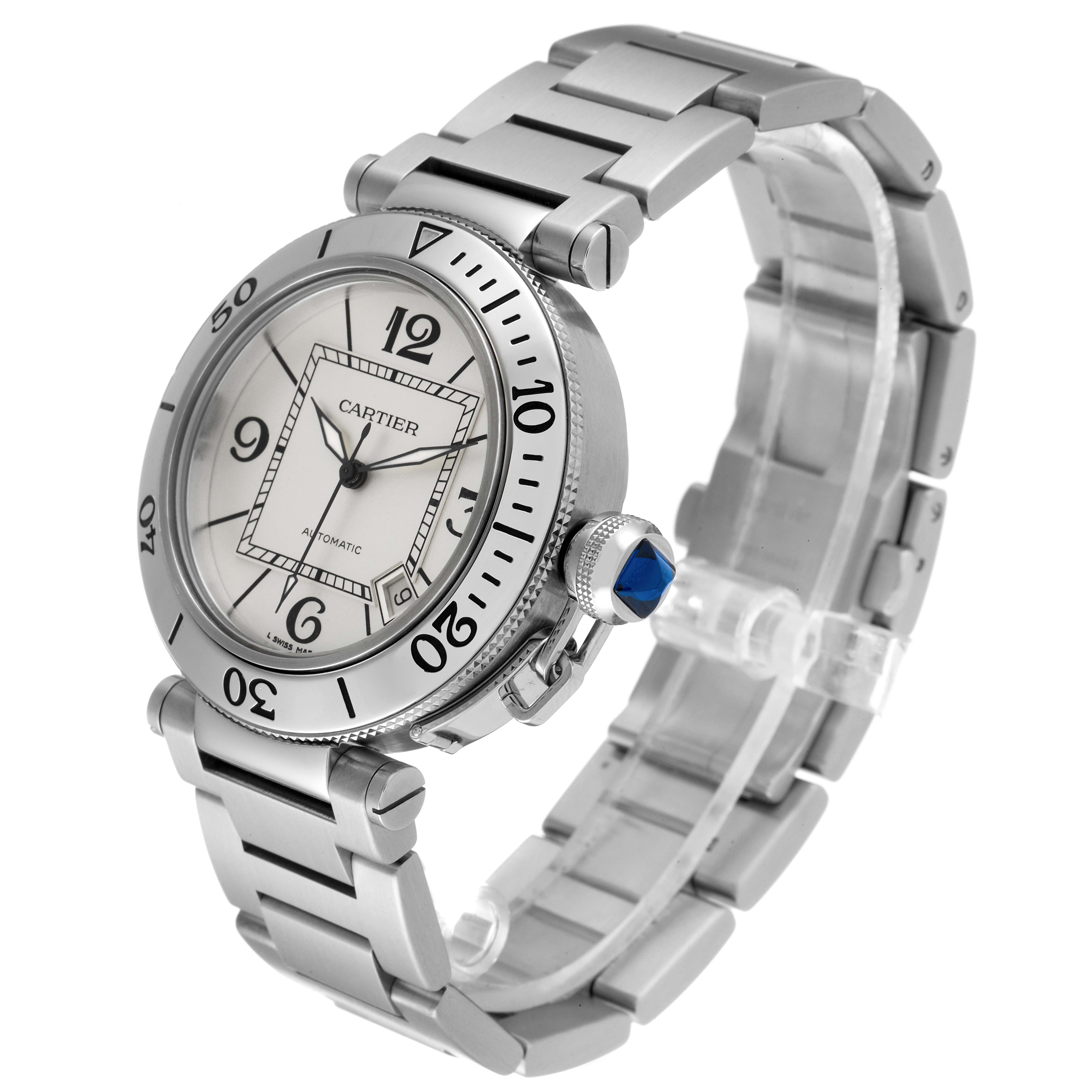 This image shows a side angle of the Cartier Pasha W31080M7 Men's Stainless Steel Silver Dial W31080M7 Men's Stainless Steel Silver Dial watch, highlighting its face, bezel, bracelet, and crown.