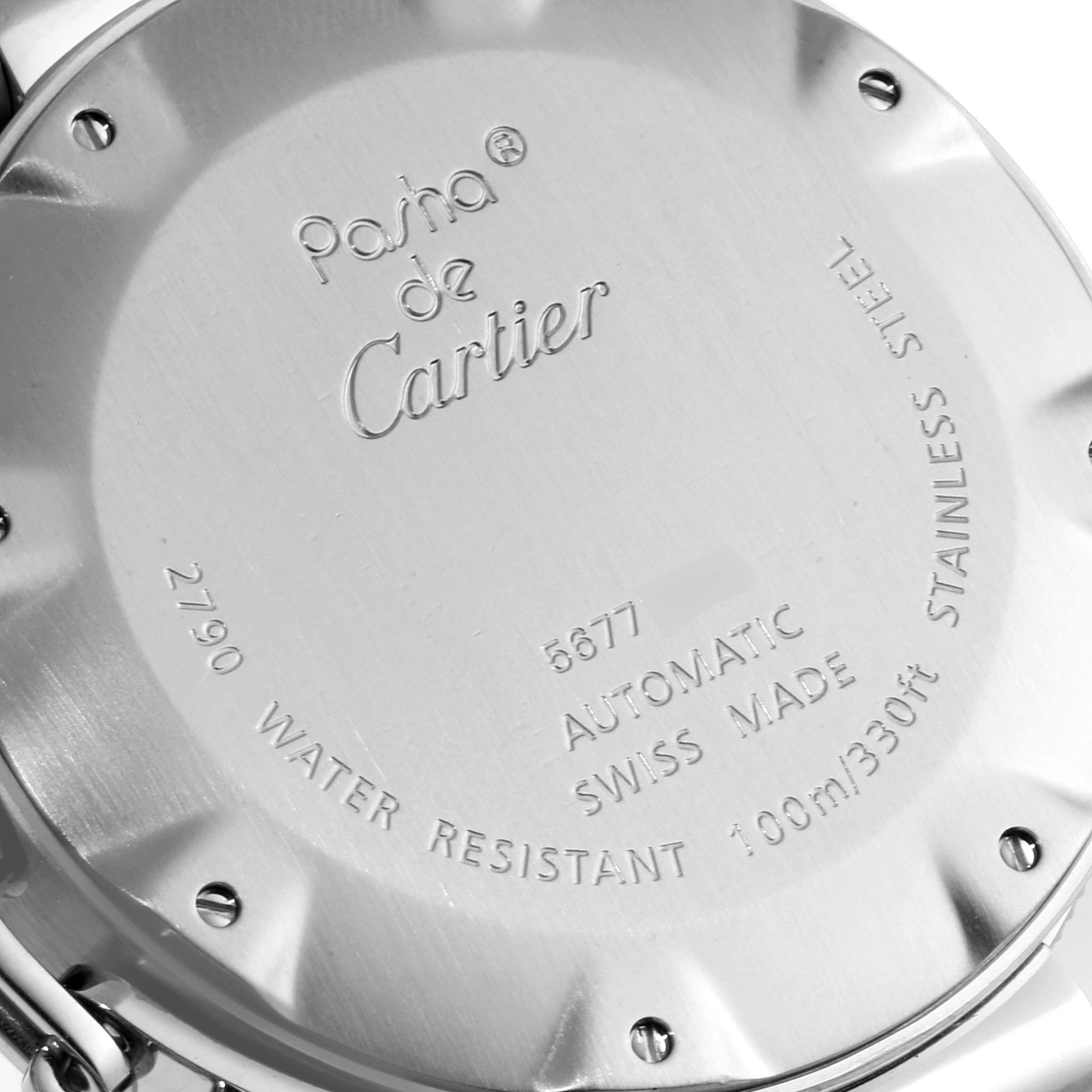This image shows the back case of a Pasha model watch by Cartier from an angled top view.