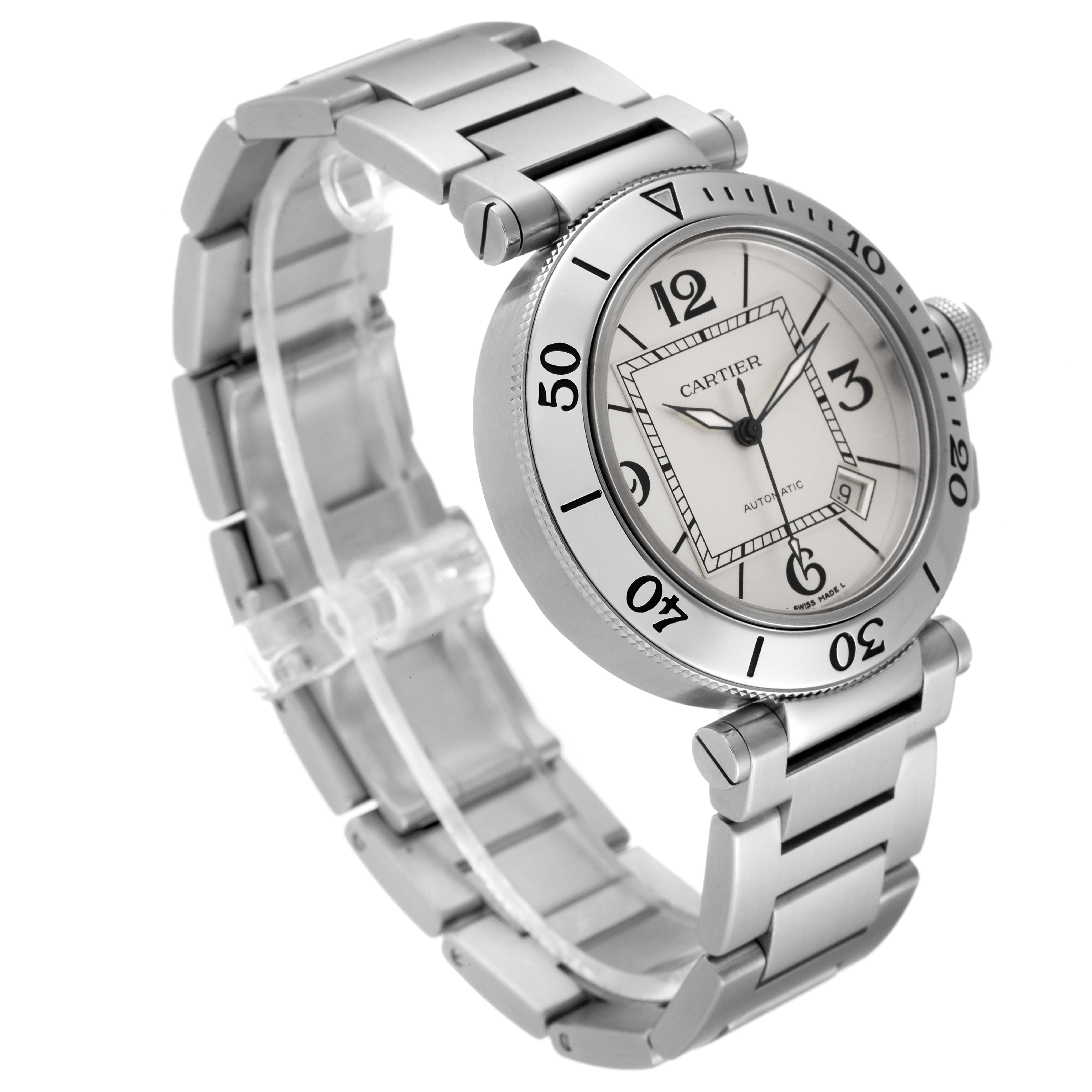 The Cartier Pasha W31080M7 Men's Stainless Steel Silver Dial W31080M7 Men's Stainless Steel Silver Dial watch is shown at a slight angle, displaying its face, bezel, crown, and metal bracelet.