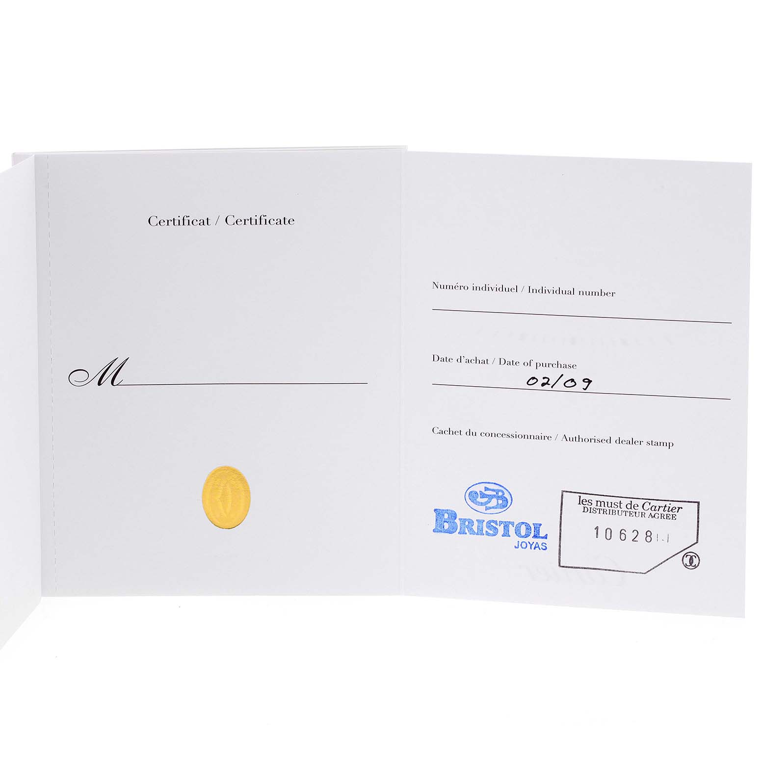 This image shows an open certificate for the Pasha model by Cartier, featuring details like date of purchase and dealer stamp.