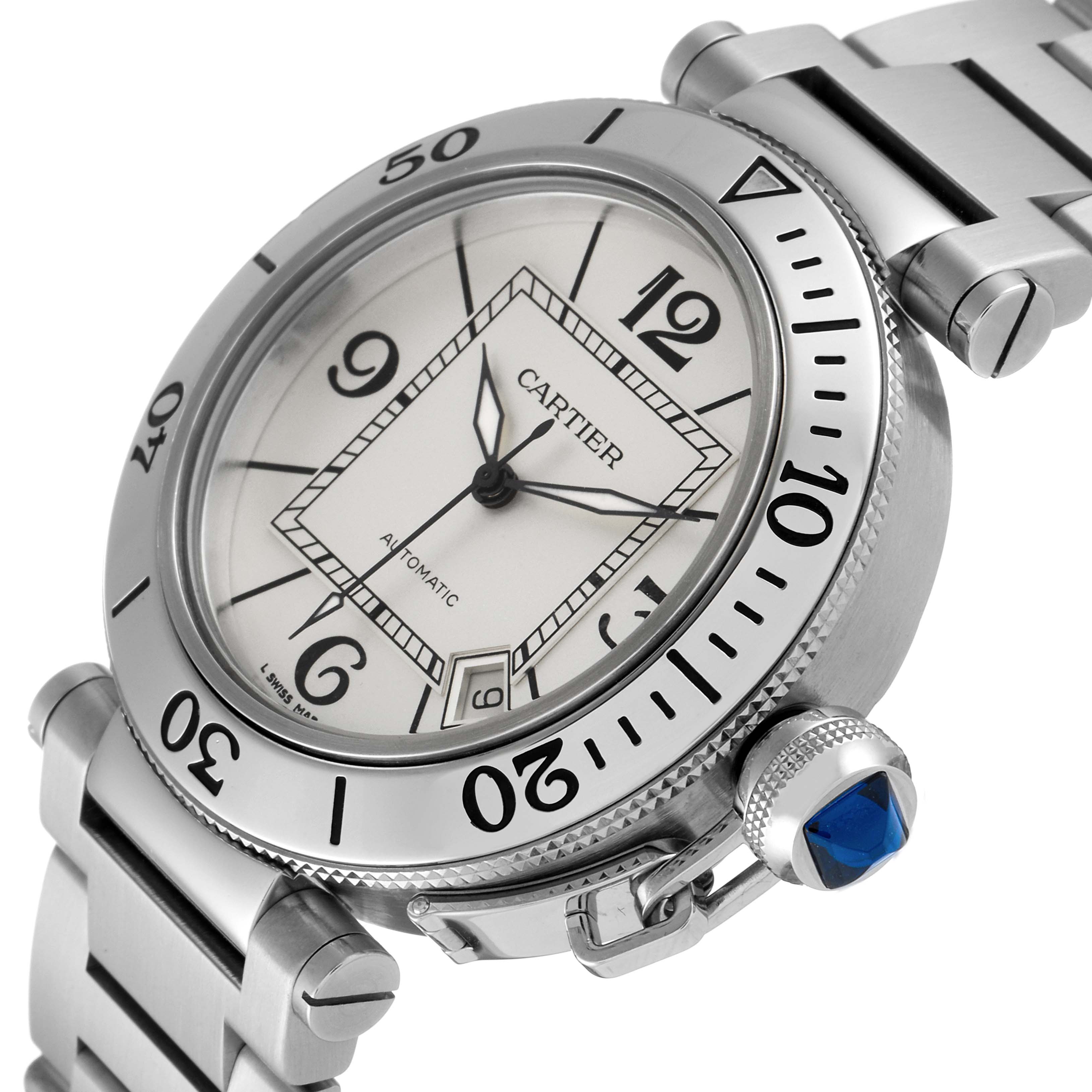 This is an angled view of the Cartier Pasha W31080M7 Men's Stainless Steel Silver Dial W31080M7 Men's Stainless Steel Silver Dial watch showing its dial, bezel, crown, and part of the bracelet.