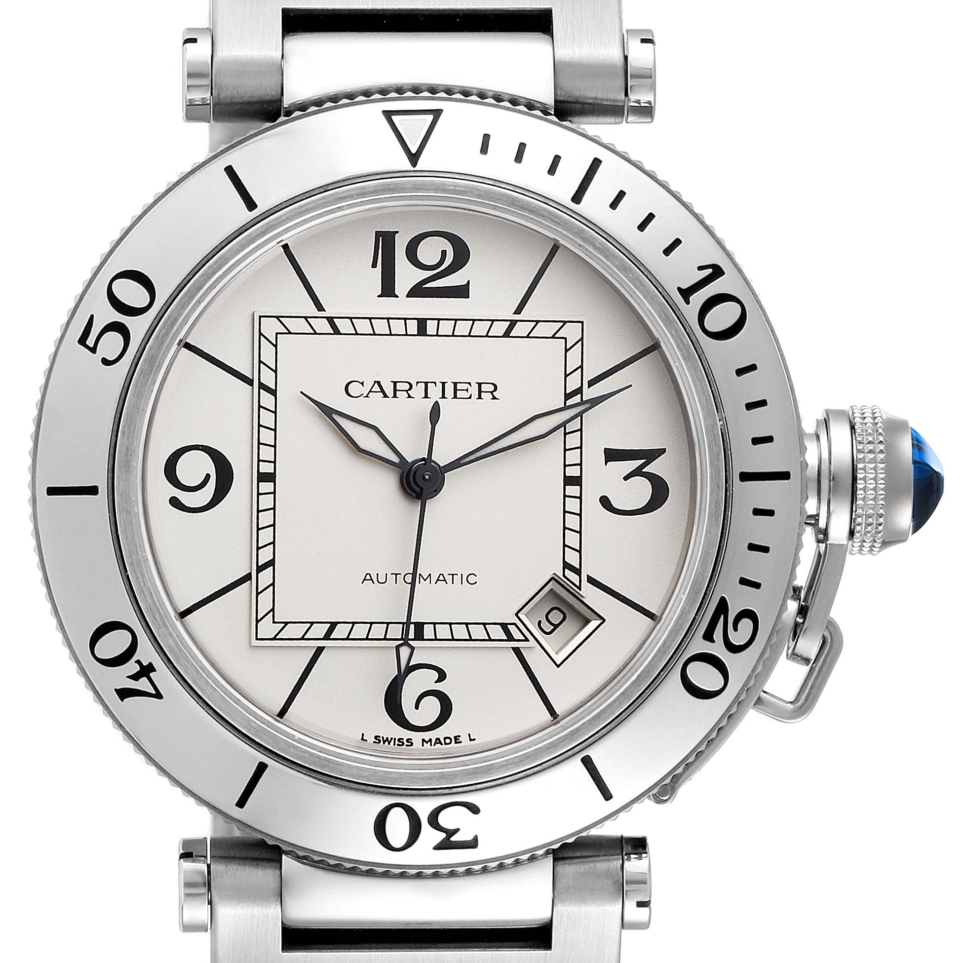 The image shows a frontal view of the Cartier Pasha W31080M7 Men's Stainless Steel Silver Dial W31080M7 Men's Stainless Steel Silver Dial watch, highlighting the face, bezel, and crown with a cabochon.