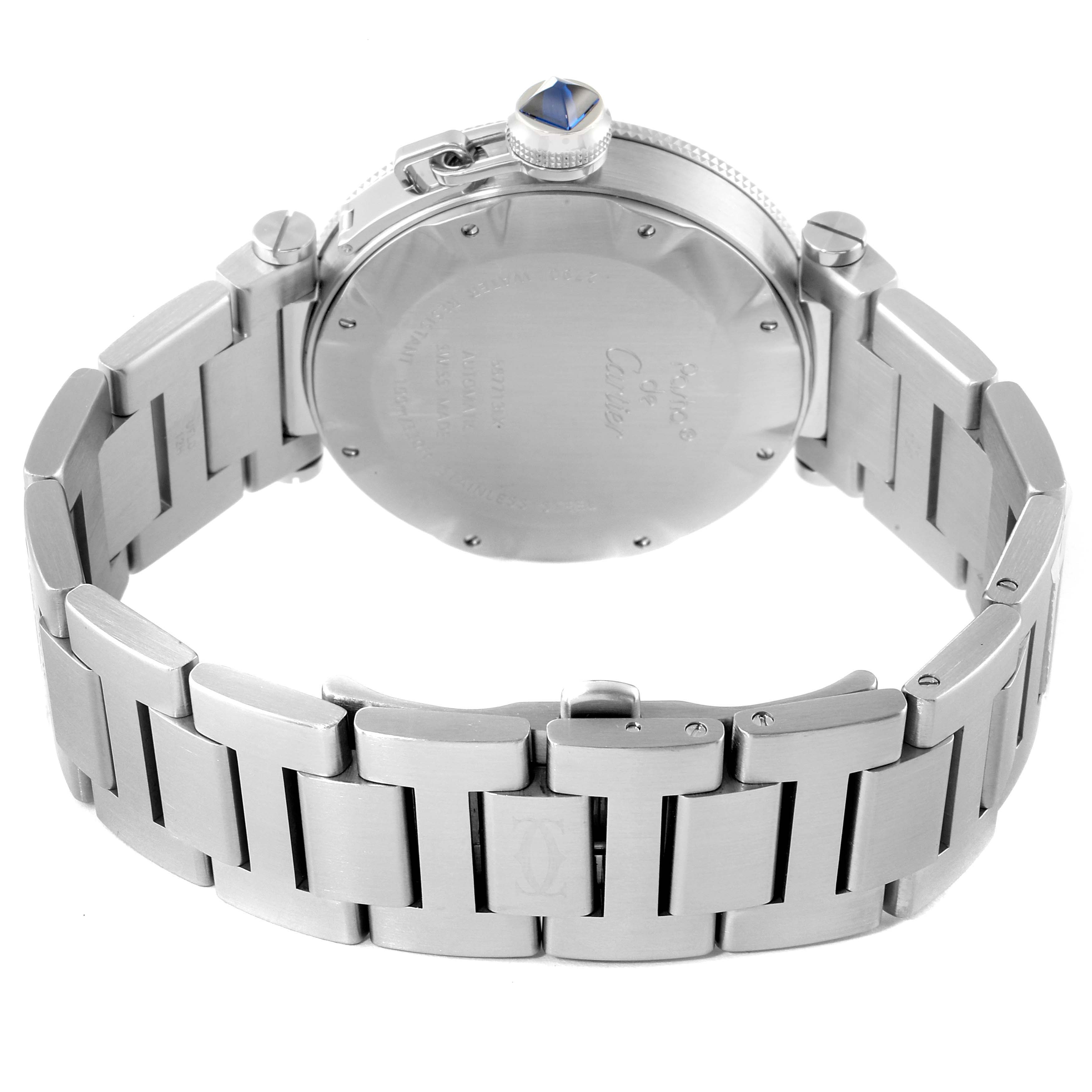 This image shows the back case and metal bracelet of the Cartier Pasha W31080M7 Men's Stainless Steel Silver Dial W31080M7 Men's Stainless Steel Silver Dial watch, featuring a crown with a blue cabochon.