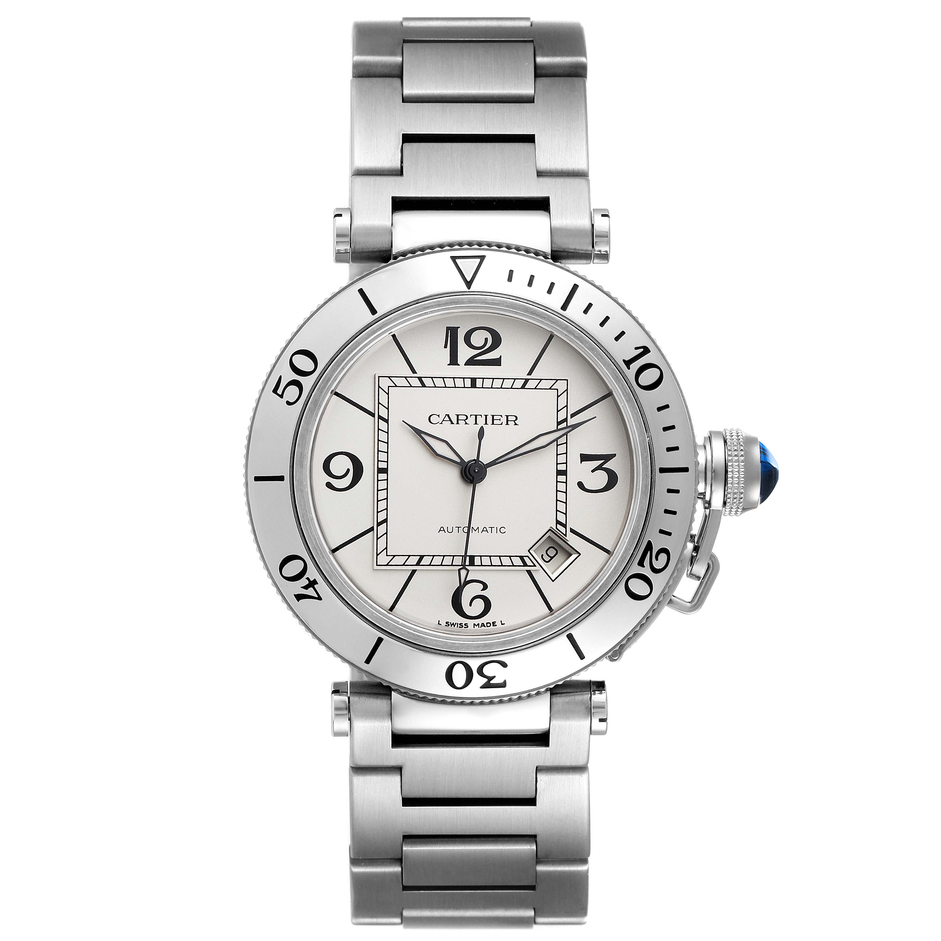 The image shows a front view of the Cartier Pasha W31080M7 Men's Stainless Steel Silver Dial W31080M7 Men's Stainless Steel Silver Dial watch, highlighting the face, bezel, bracelet, and crown.