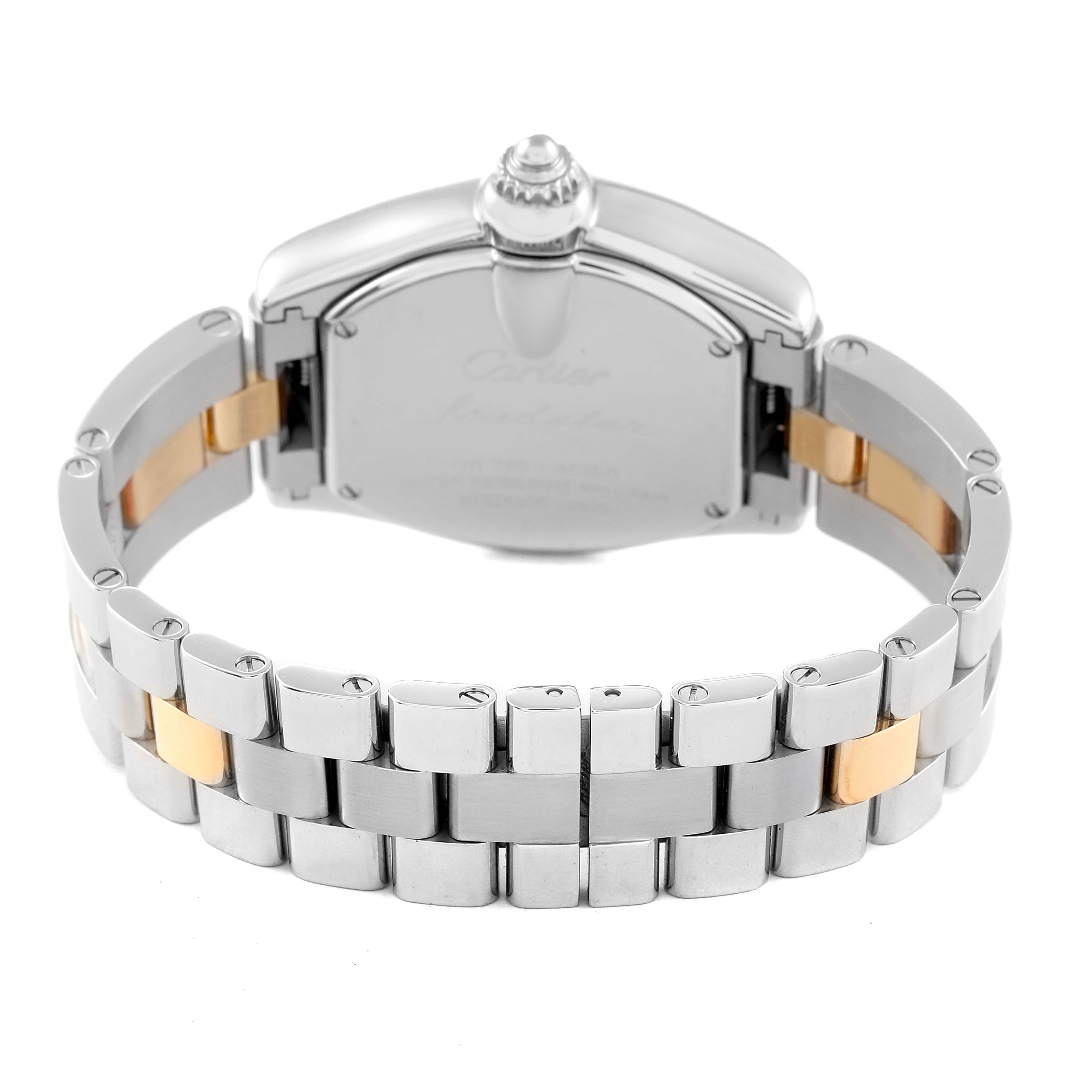 This image shows the back and bracelet of a Cartier Roadster W62026Y4 Women's Steel and Gold (two tone) Silver Dial W62026Y4 Women's Steel and Gold (two tone) Silver Dial watch.