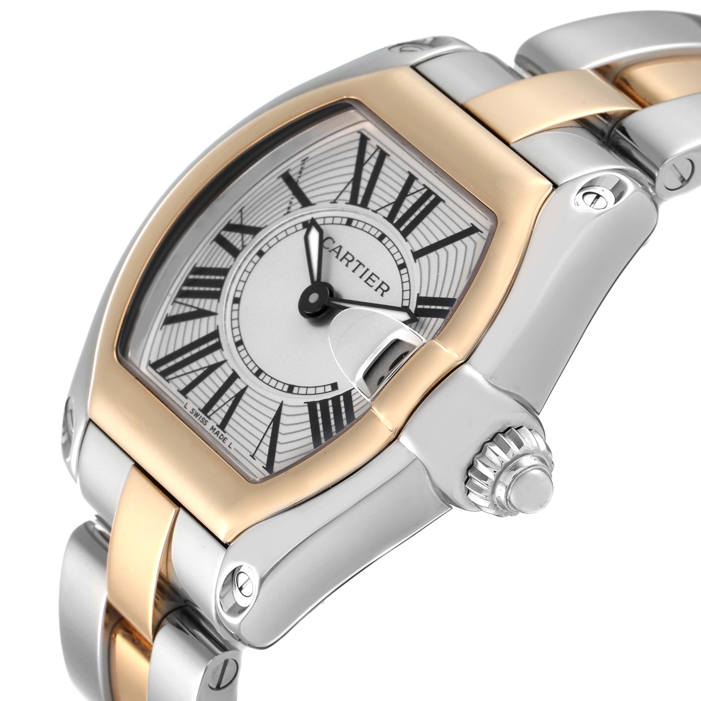 The image shows a close-up angle of the Cartier Roadster W62026Y4 Women's Steel and Gold (two tone) Silver Dial W62026Y4 Women's Steel and Gold (two tone) Silver Dial watch, focusing on its dial, crown, and part of the bracelet.
