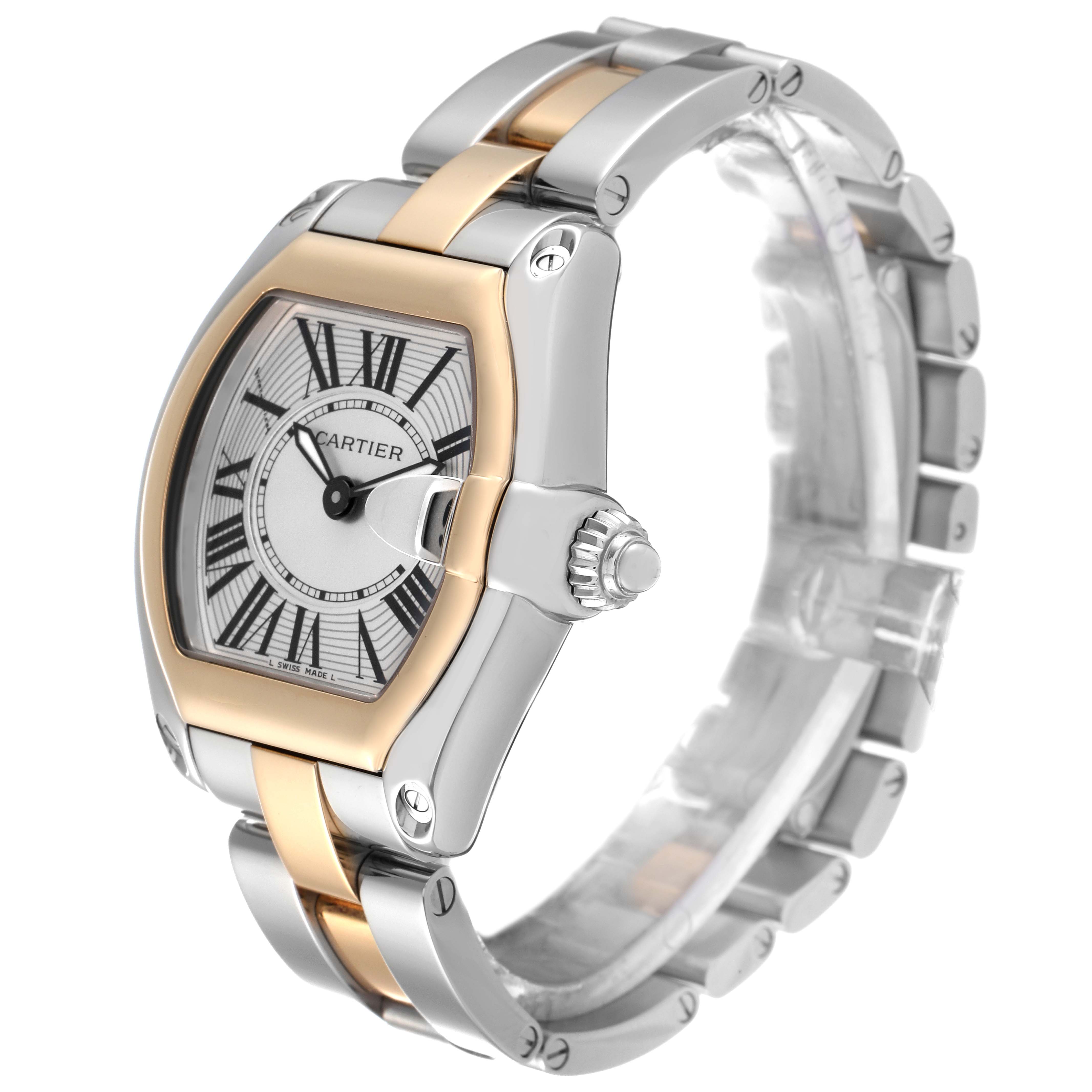 The Cartier Roadster W62026Y4 Women's Steel and Gold (two tone) Silver Dial W62026Y4 Women's Steel and Gold (two tone) Silver Dial watch is shown at a slightly angled side view, highlighting its two-tone stainless steel and gold bracelet and unique case design.