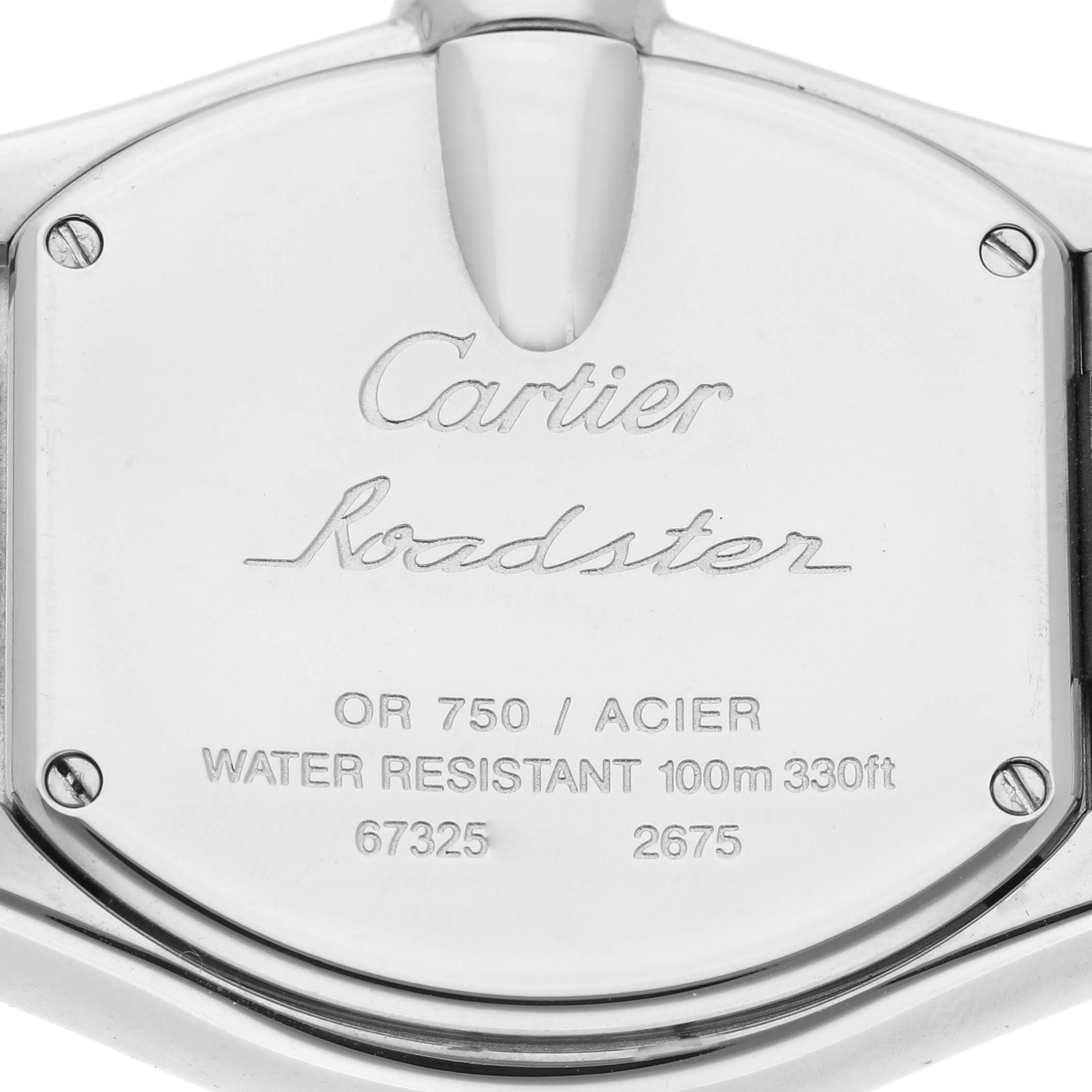 The image shows the back case of a Cartier Roadster W62026Y4 Women's Steel and Gold (two tone) Silver Dial W62026Y4 Women's Steel and Gold (two tone) Silver Dial watch.