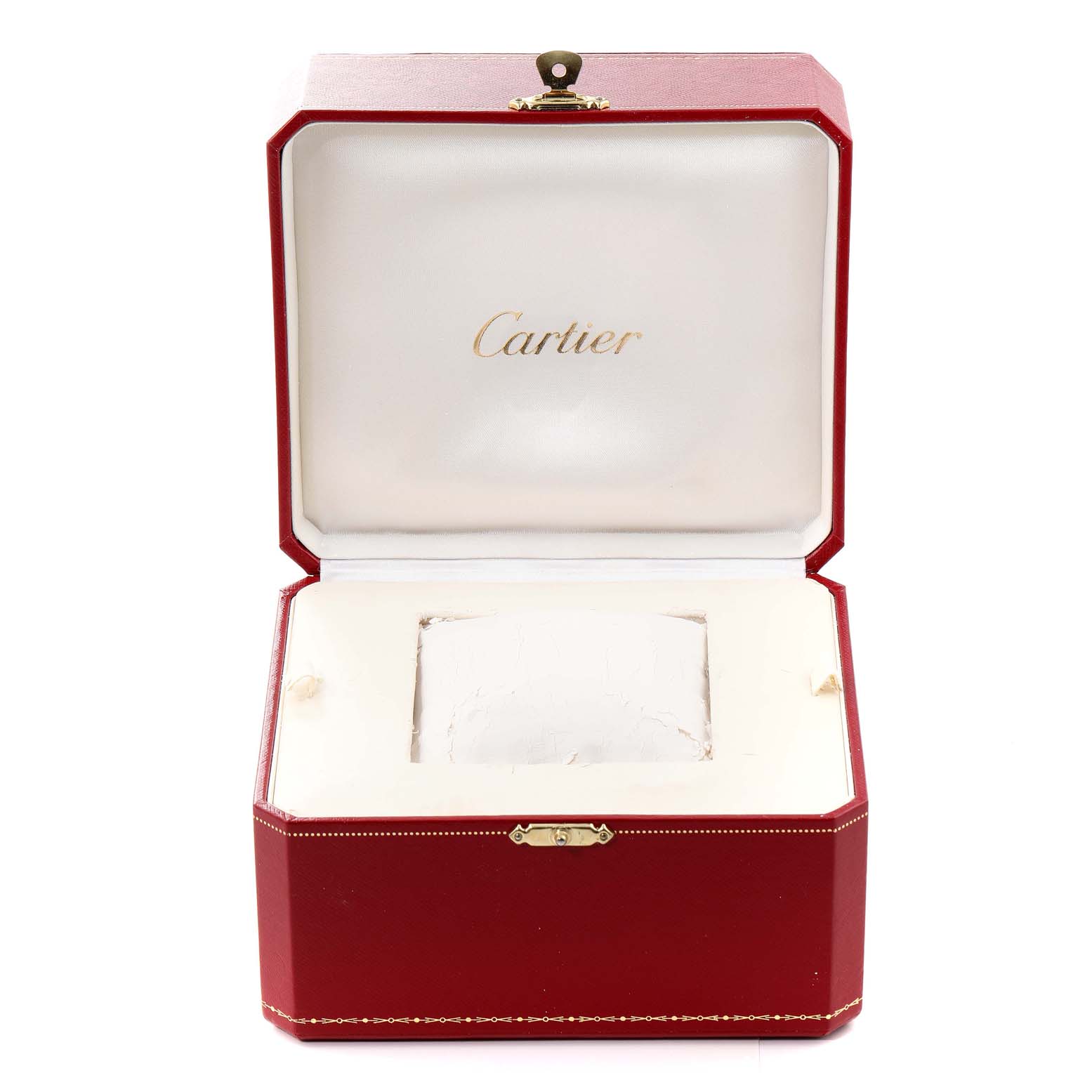This image shows an open red Cartier watch box designed for the Roadster model, with the Cartier logo visible inside the lid.