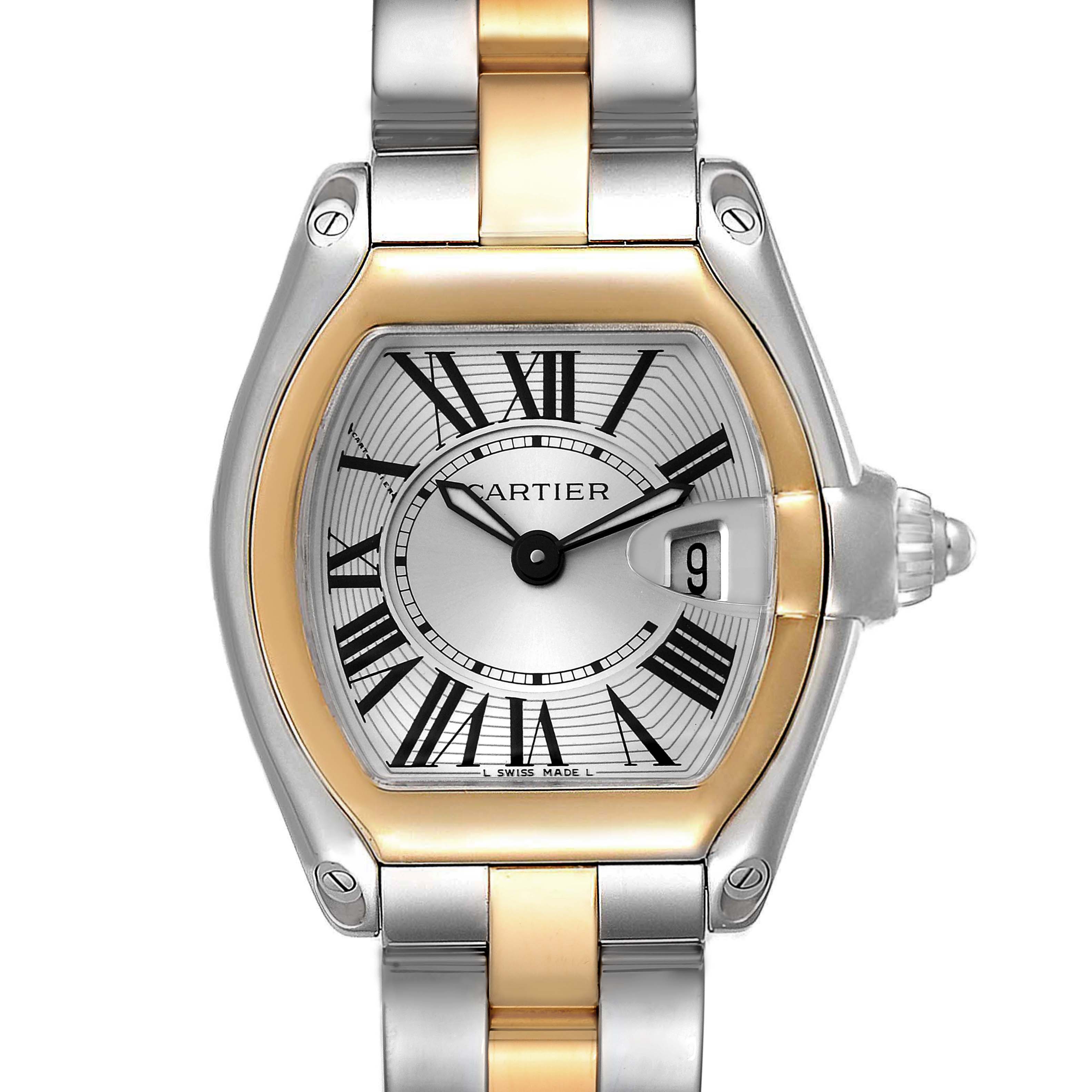 The Cartier Roadster W62026Y4 Women's Steel and Gold (two tone) Silver Dial W62026Y4 Women's Steel and Gold (two tone) Silver Dial watch is shown from a front angle, highlighting its face, bezel, and part of the bracelet.
