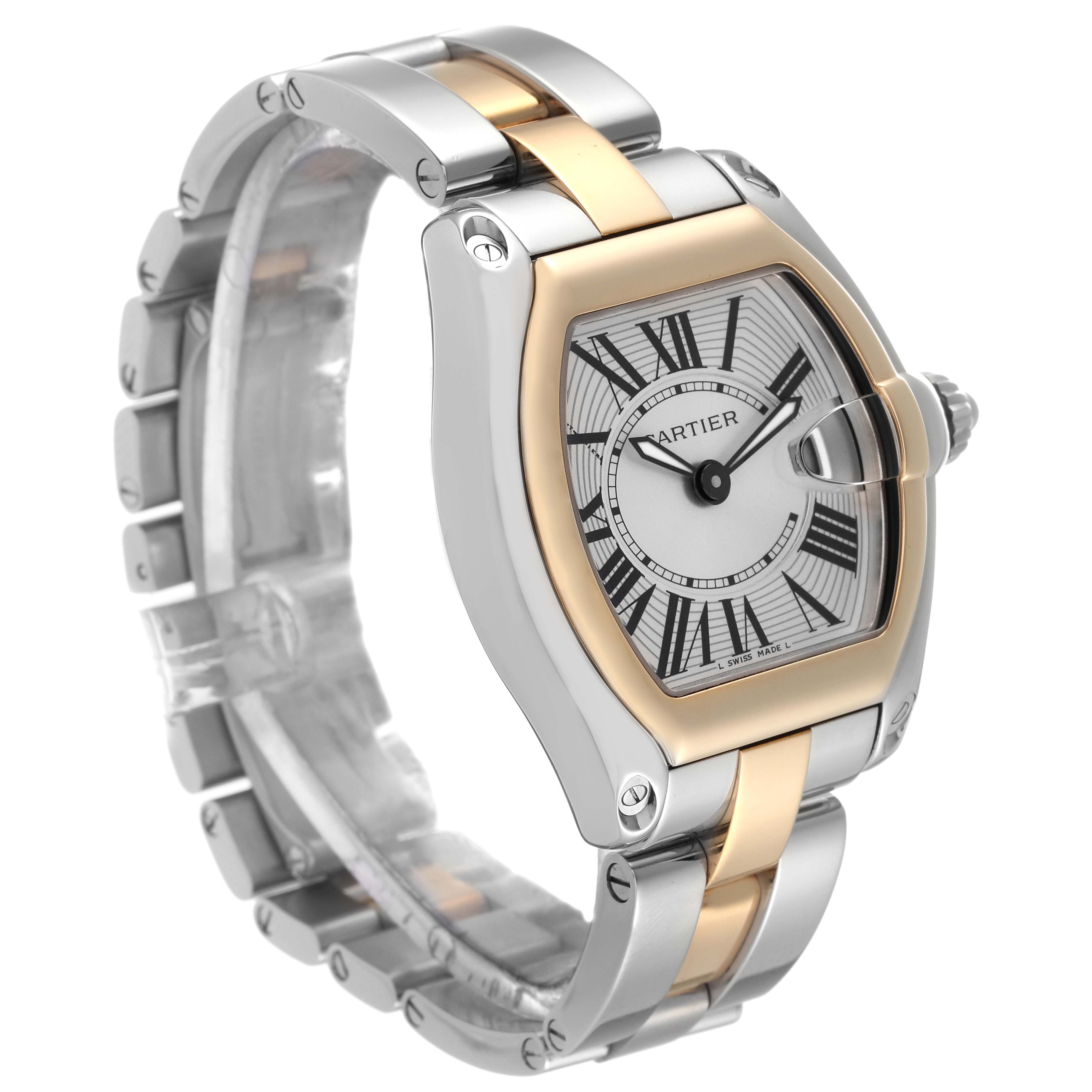 The image shows a side angle of a Cartier Roadster W62026Y4 Women's Steel and Gold (two tone) Silver Dial W62026Y4 Women's Steel and Gold (two tone) Silver Dial watch, highlighting its dial, bezel, bracelet, and clasp.