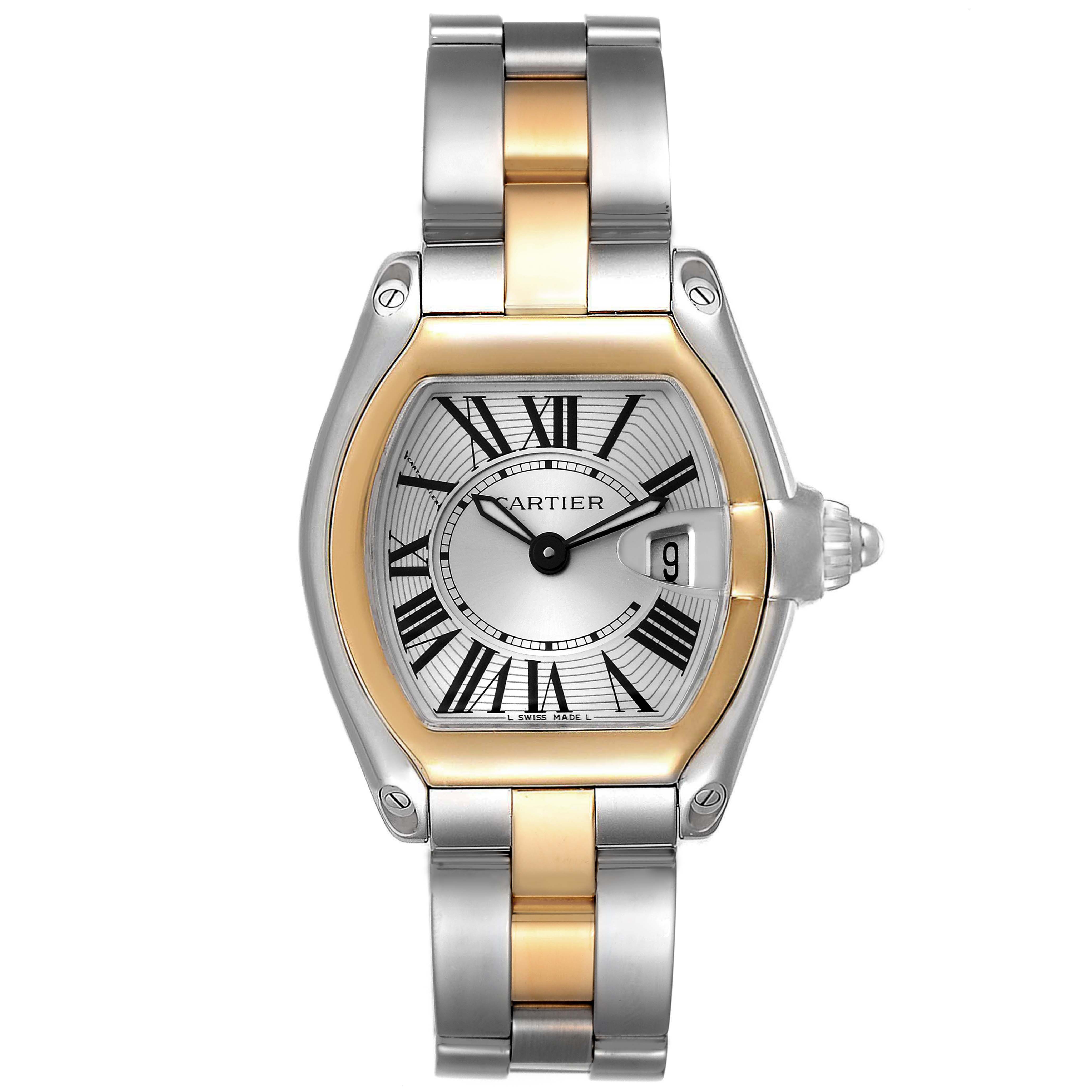 The image shows a frontal view of the Cartier Roadster W62026Y4 Women's Steel and Gold (two tone) Silver Dial W62026Y4 Women's Steel and Gold (two tone) Silver Dial watch, highlighting its face, bezel, and bracelet.