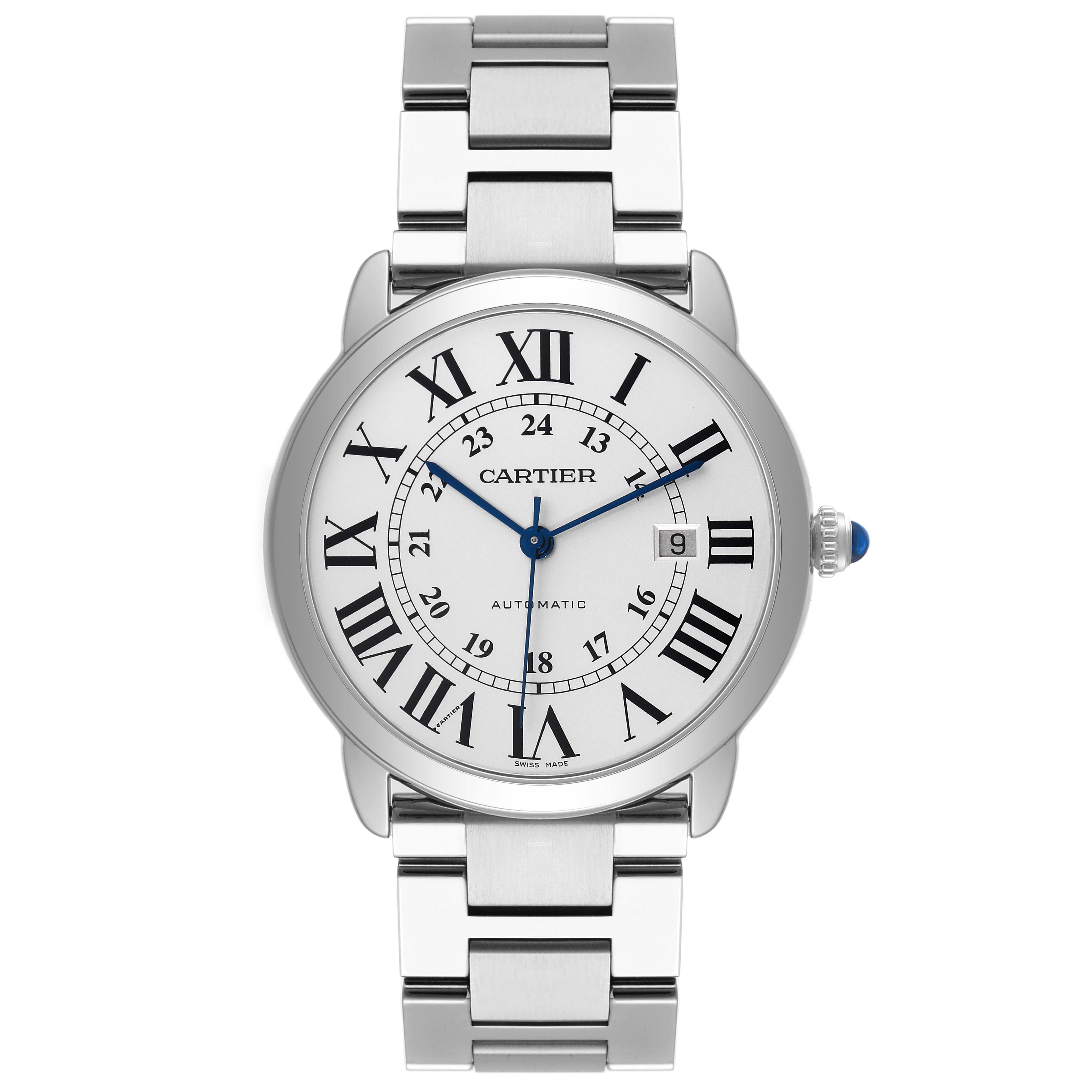 This image shows a front view of the Ronde model by Cartier including its dial, hands, date window, and bracelet.