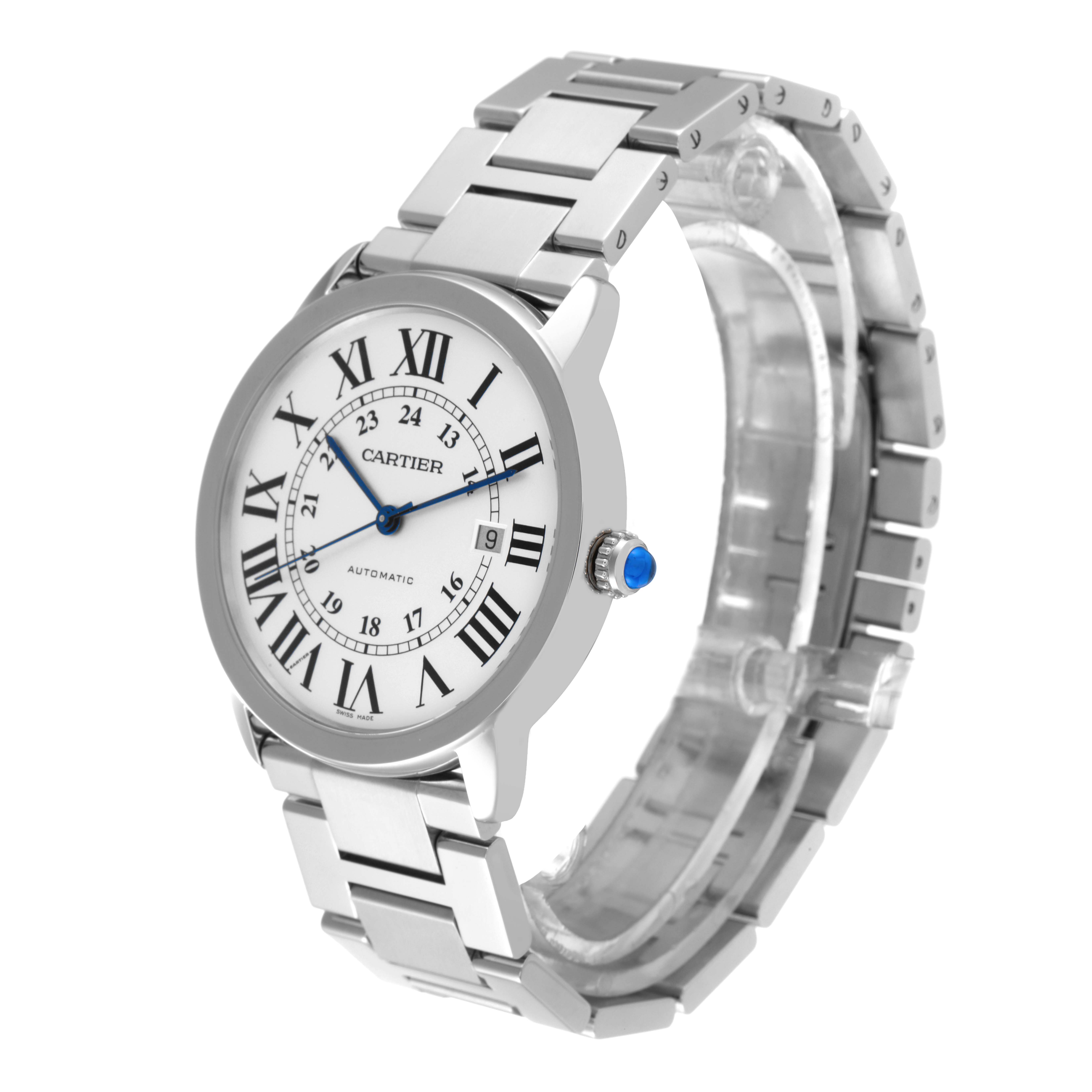 The Cartier Ronde W6701011 Men
s Stainless Steel Silver Dial W6701011 Men
s Stainless Steel Silver Dial watch is shown at a three-quarter angle, featuring the dial, bracelet, bezel, and crown.