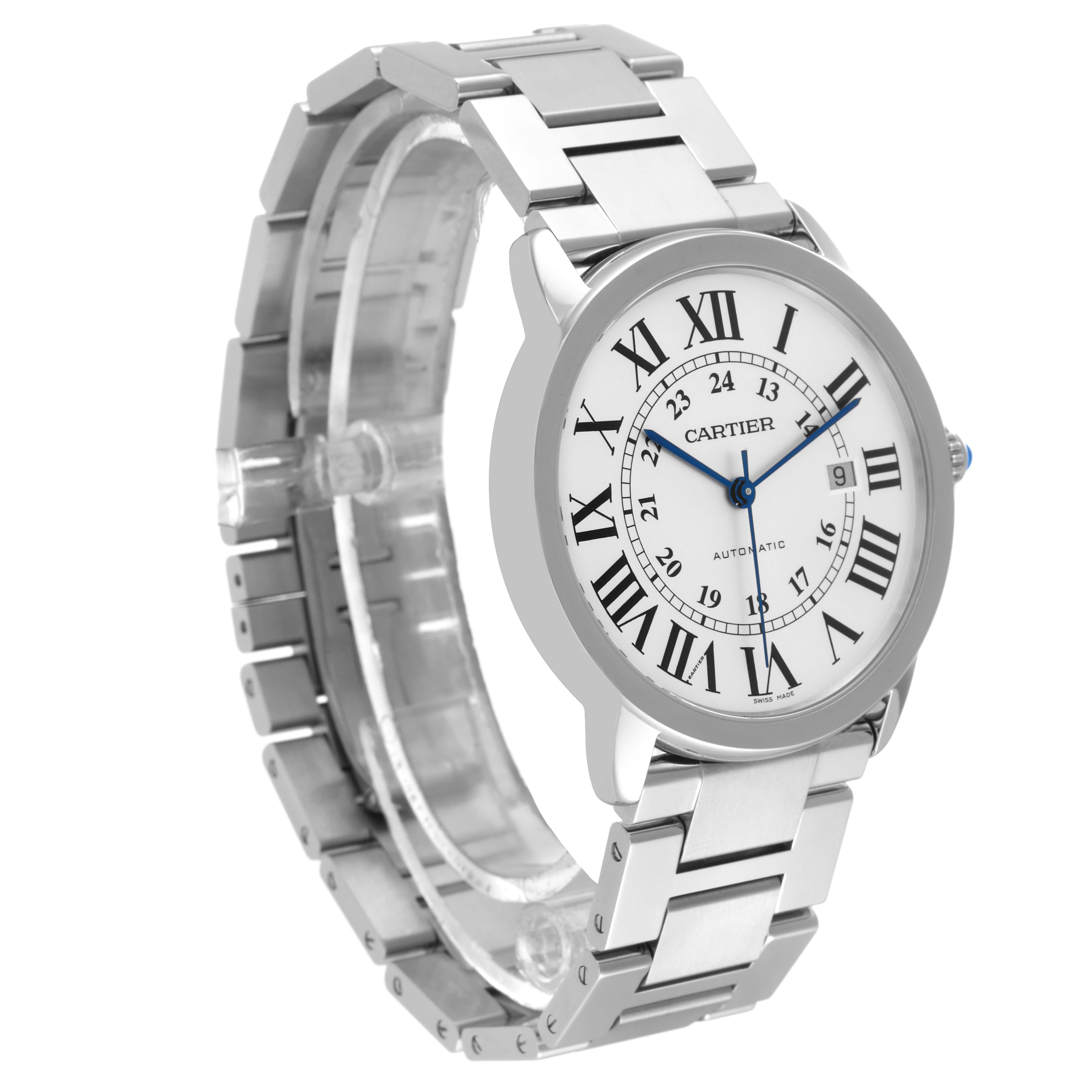 The image shows a Cartier Ronde W6701011 Men
s Stainless Steel Silver Dial W6701011 Men
s Stainless Steel Silver Dial watch from an angled side view, displaying its face, bezel, and metal bracelet.